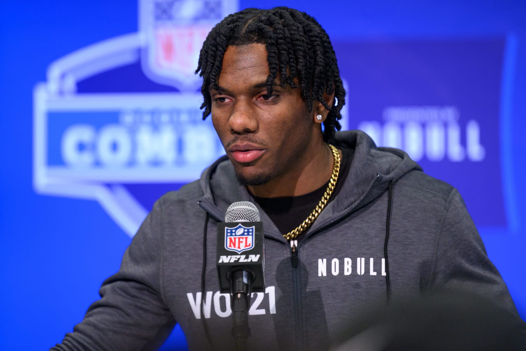 INDIANAPOLIS, IN - MARCH 01: LSU wide receiver Malik Nabers answers questions from the media during the NFL Scouting Combine on March 1, 2024, at the Indiana Convention Center in Indianapolis, IN. (Photo by Zach Bolinger/Icon Sportswire via Getty Images)