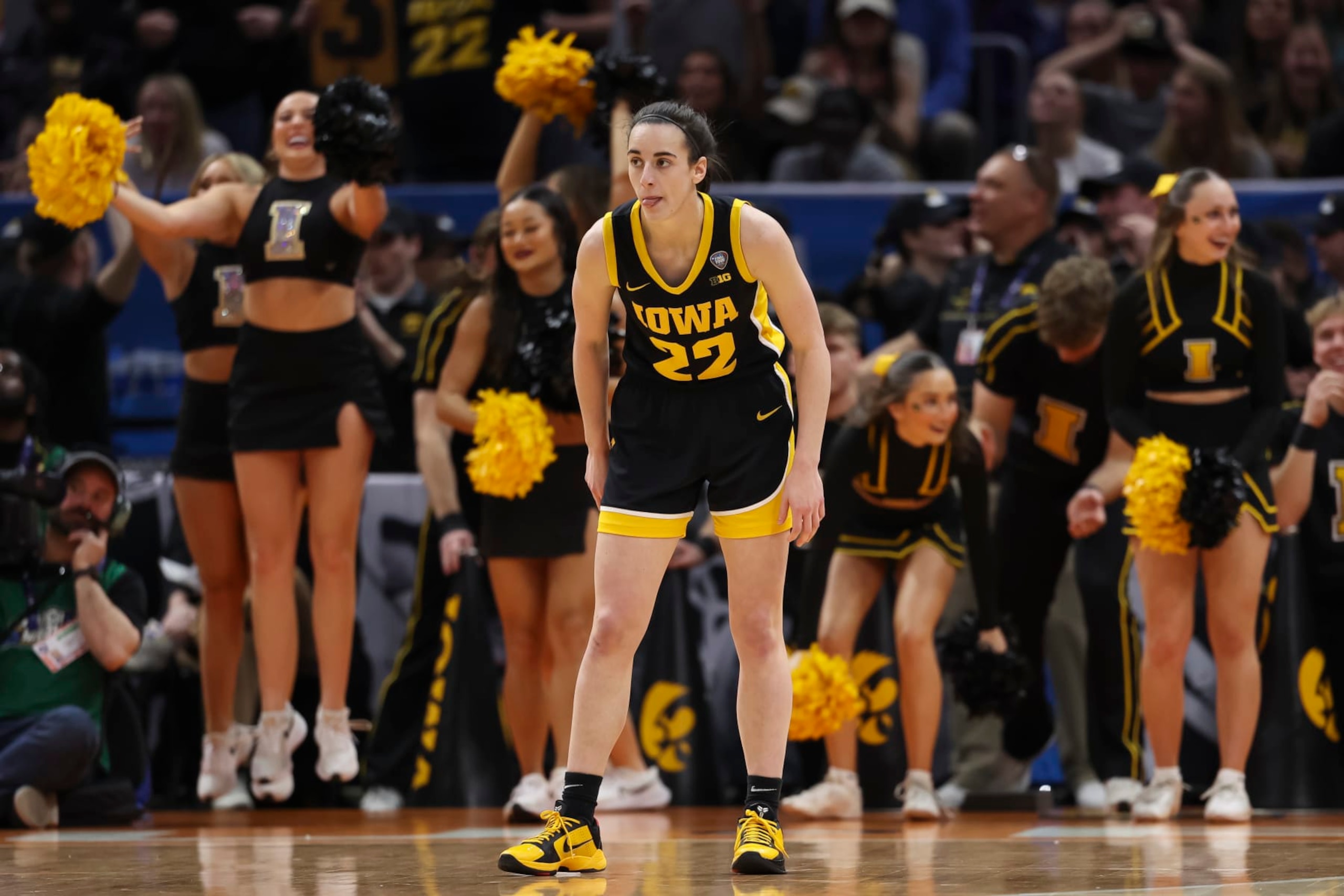 CLEVELAND, OHIO - APRIL 7: Caitlin Clark #22 of the Iowa Hawkeyes on defense against the South Carolina Gamecocks during the NCAA Women's Basketball Tournament National Championship at Rocket Mortgage Fieldhouse on April 7, 2024 in Cleveland, Ohio. (Photo by Justin Tafoya/NCAA Photos via Getty Images)