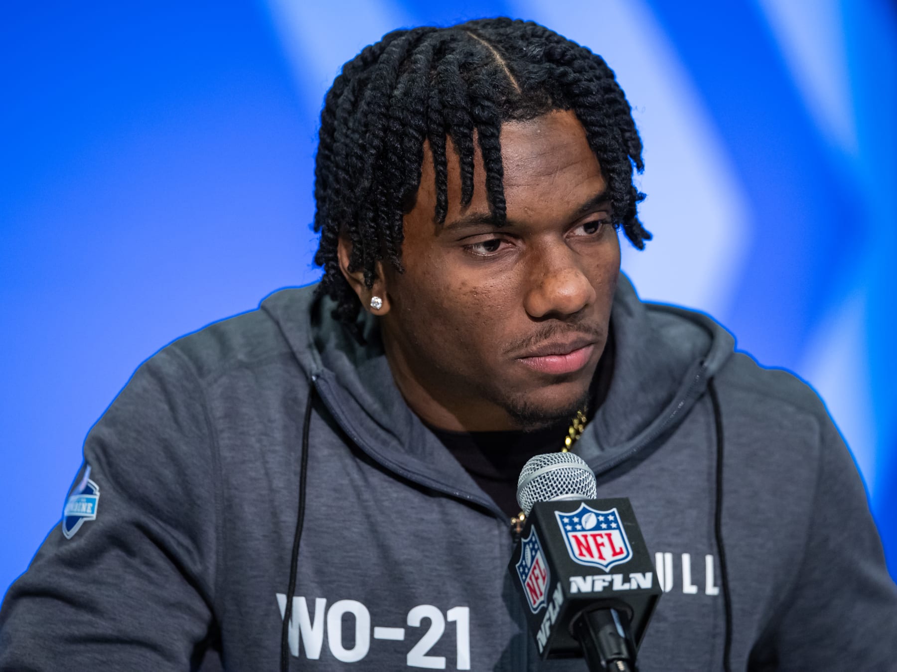 INDIANAPOLIS, INDIANA - MARCH 01: Malik Nabers #WO21 of the LSU Tigers speaks to the media during the 2024 NFL Draft Combine at Lucas Oil Stadium on March 01, 2024 in Indianapolis, Indiana. (Photo by Michael Hickey/Getty Images)