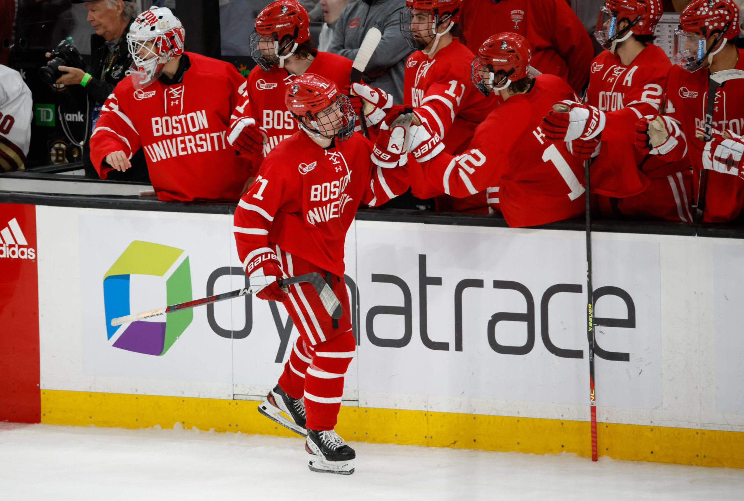 BOSTON, MASSACHUSETTS - MARCH 23: Macklin Celebrini #71 of the Boston University Terriers celebrates his goal with his teammates against the Boston College Eagles during the third period during the Hockey East Championship final at TD Garden on March 23, 2024 in Boston, Massachusetts. The Eagles won 6-2 and captured their first Hockey East title in twelve years. (Photo by Richard T Gagnon/Getty Images) BOSTON, MASSACHUSETTS - MARCH 23: Macklin Celebrini #71 of the Boston University Terriers celebrates his goal with his teammates against the Boston College Eagles during the third period during the Hockey East Championship final at TD Garden on March 23, 2024 in Boston, Massachusetts. The Eagles won 6-2 and captured their first Hockey East title in twelve years. (Photo by Richard T Gagnon/Getty Images)