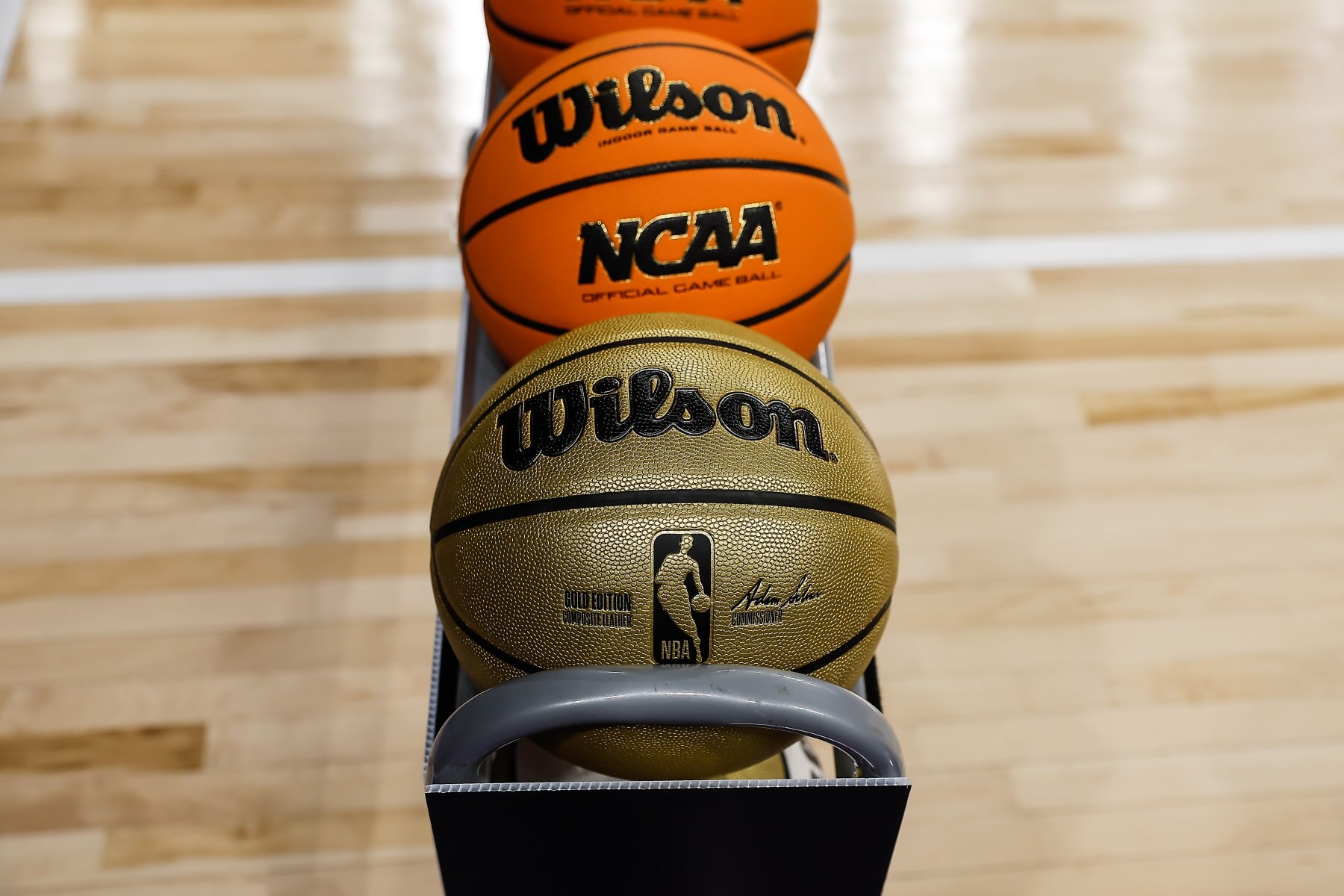 PHOENIX, AZ - APRIL 04:  Basketballs on a cart during the Hanes Men's 3-Point Championship on April 4, 2024 at Global Credit Union Arena in Phoenix, Arizona. (Photo by Kevin Abele/Icon Sportswire via Getty Images)