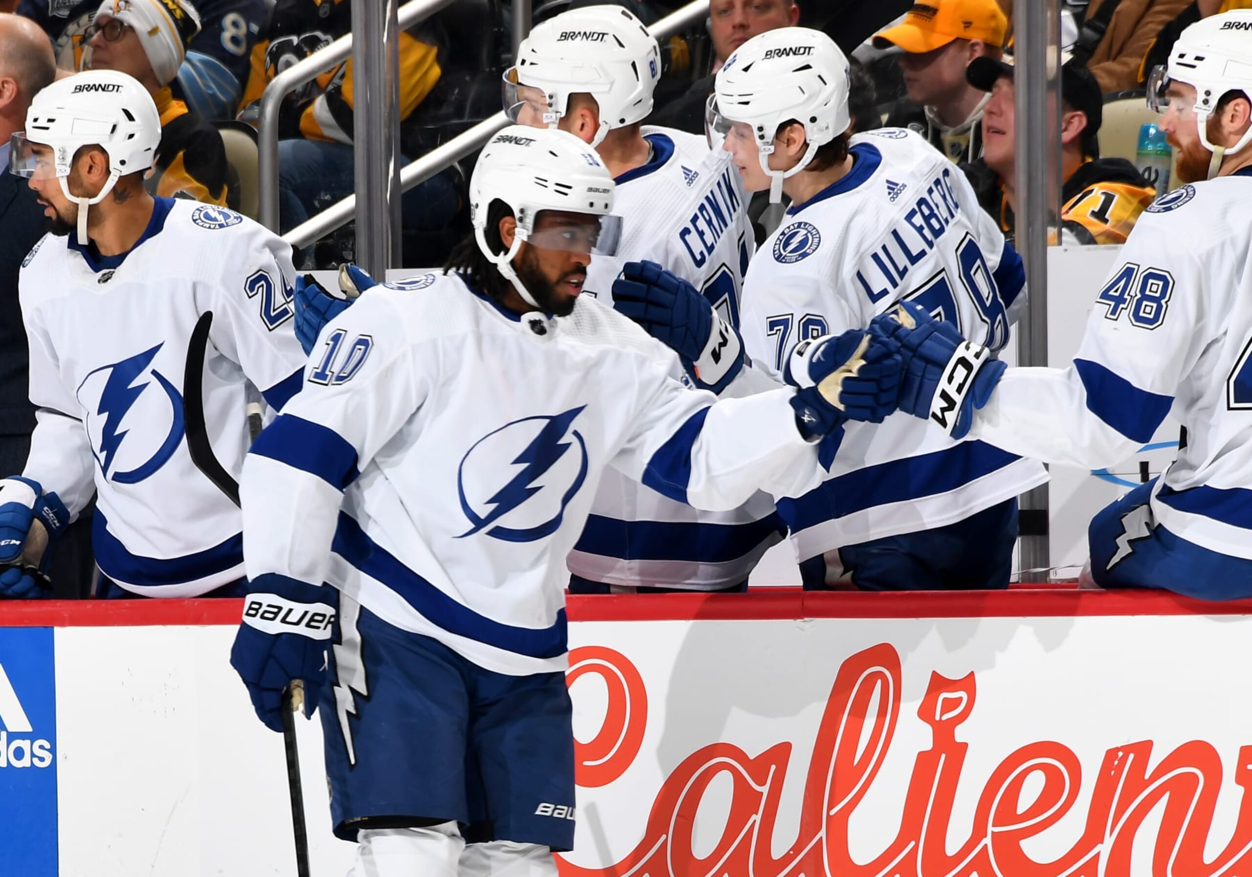 PITTSBURGH, PA - APRIL 06:  Anthony Duclair #10 of the Tampa Bay Lightning celebrates his third period goal against the Pittsburgh Penguins at PPG PAINTS Arena on April 6, 2024 in Pittsburgh, Pennsylvania. (Photo by Joe Sargent/NHLI via Getty Images)