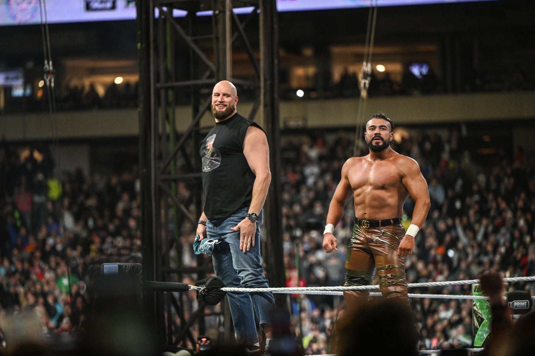 PHILADELPHIA, PENNSYLVANIA - APRIL 6: Lane Johnson and Andrade celebrate in ring during Night One of WrestleMania 40 at Lincoln Financial Field on April 6, 2024 in Philadelphia, Pennsylvania. (Photo by WWE)