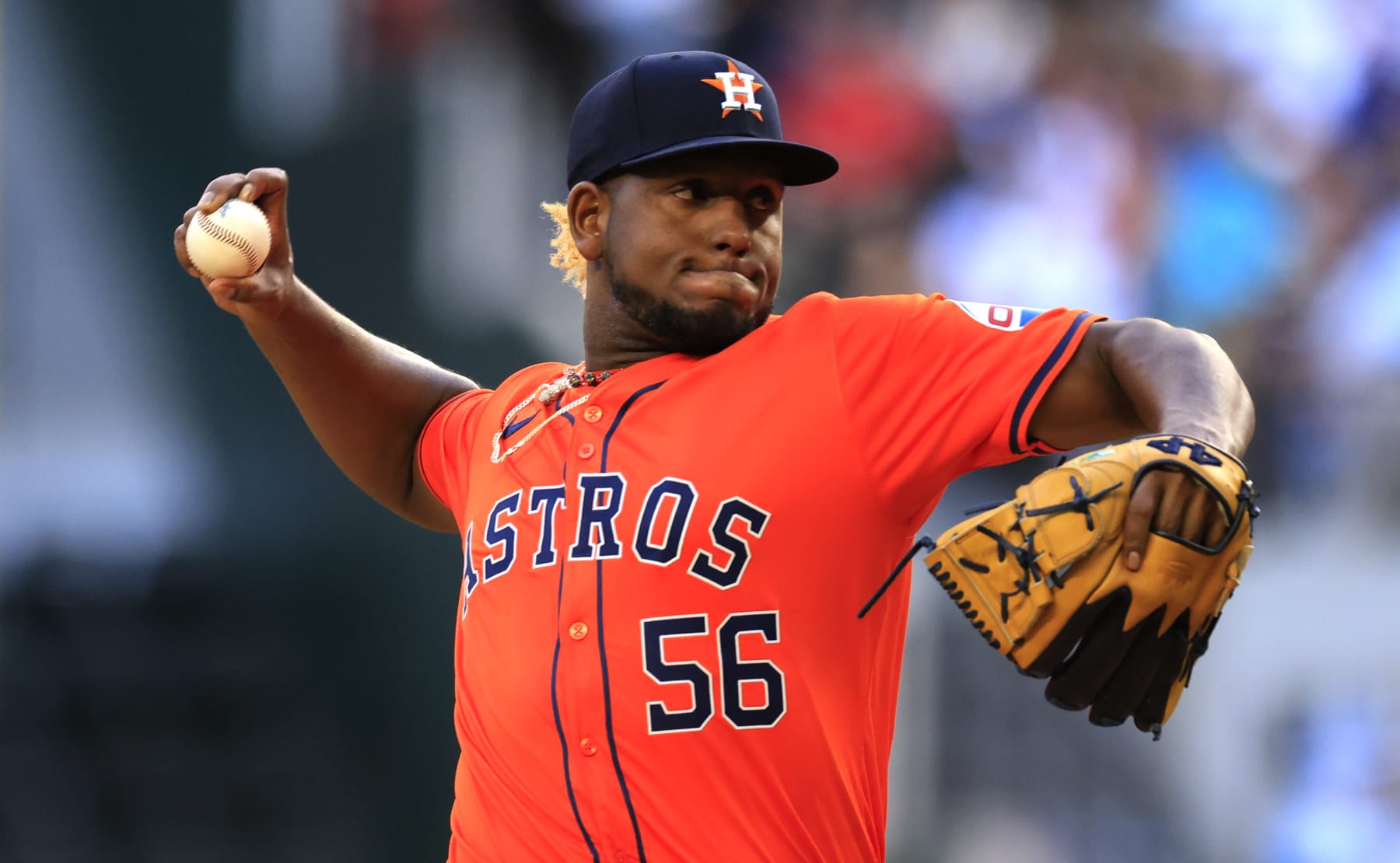 ARLINGTON, TX - APRIL 7: Ronel Blanco #56 of the Houston Astros pitches against the Texas Rangers during the second inning at Globe Life Field on April 7, 2024 in Arlington, Texas. (Photo by Ron Jenkins/Getty Images)