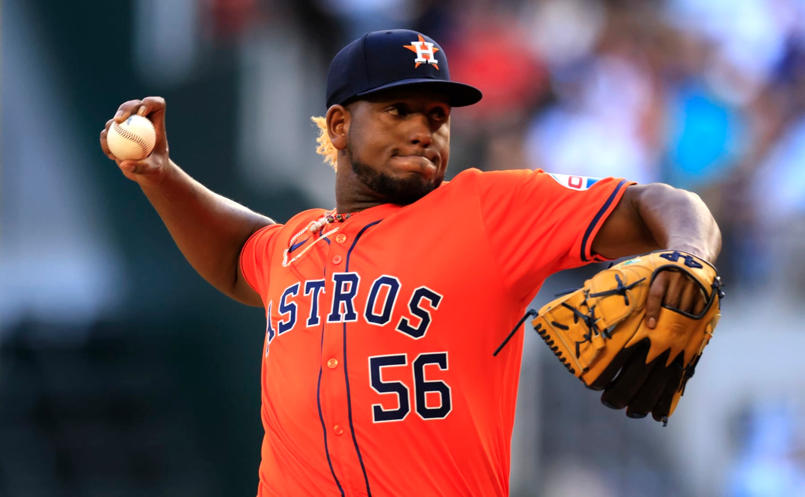 ARLINGTON, TX - APRIL 7: Ronel Blanco #56 of the Houston Astros pitches against the Texas Rangers during the second inning at Globe Life Field on April 7, 2024 in Arlington, Texas. (Photo by Ron Jenkins/Getty Images)