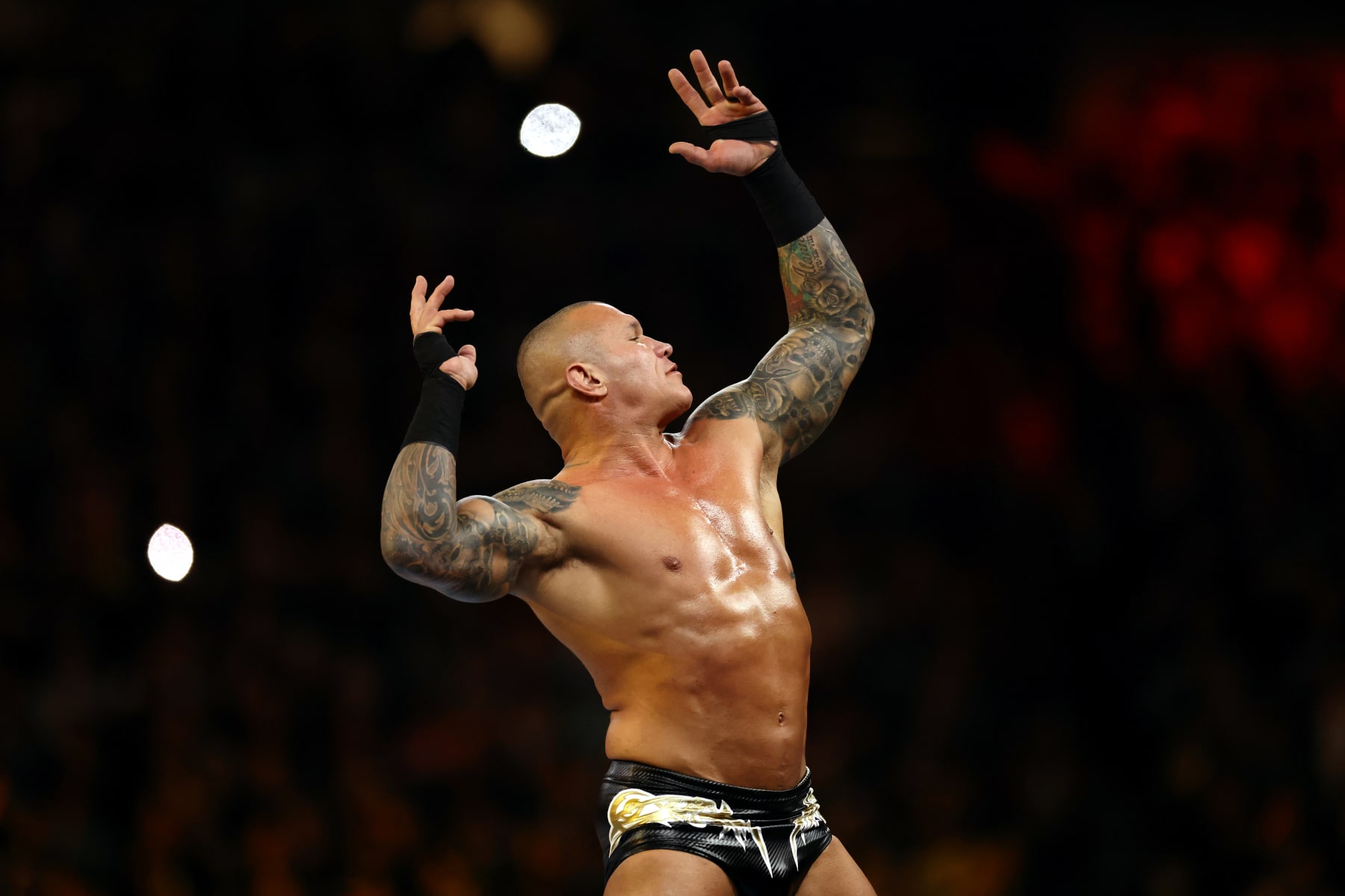 PHILADELPHIA, PENNSYLVANIA - APRIL 07: Randy Orton is introduced before a fight with Logan Paul and Kevin Owens during WrestleMania 40 Night Two at Lincoln Financial Field on April 07, 2024 in Philadelphia, Pennsylvania.  (Photo by Tim Nwachukwu/Getty Images)