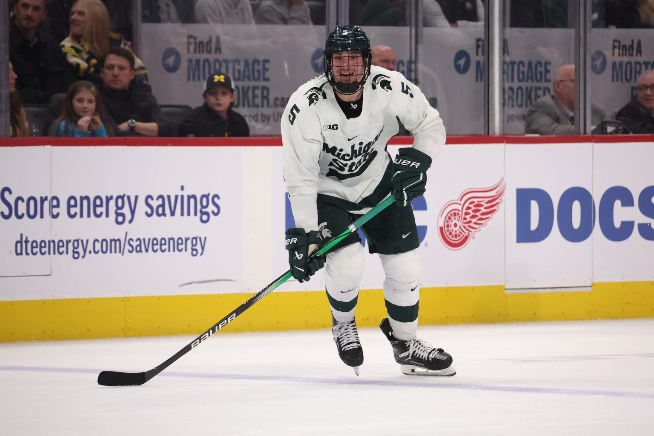 DETROIT, MICHIGAN - FEBRUARY 10: Artyom Levshunov #5 of the Michigan State Spartans plays against the Michigan Wolverines at Little Caesars Arena on February 10, 2024 in Detroit, Michigan. (Photo by Gregory Shamus/Getty Images) DETROIT, MICHIGAN - FEBRUARY 10: Artyom Levshunov #5 of the Michigan State Spartans plays against the Michigan Wolverines at Little Caesars Arena on February 10, 2024 in Detroit, Michigan. (Photo by Gregory Shamus/Getty Images)
