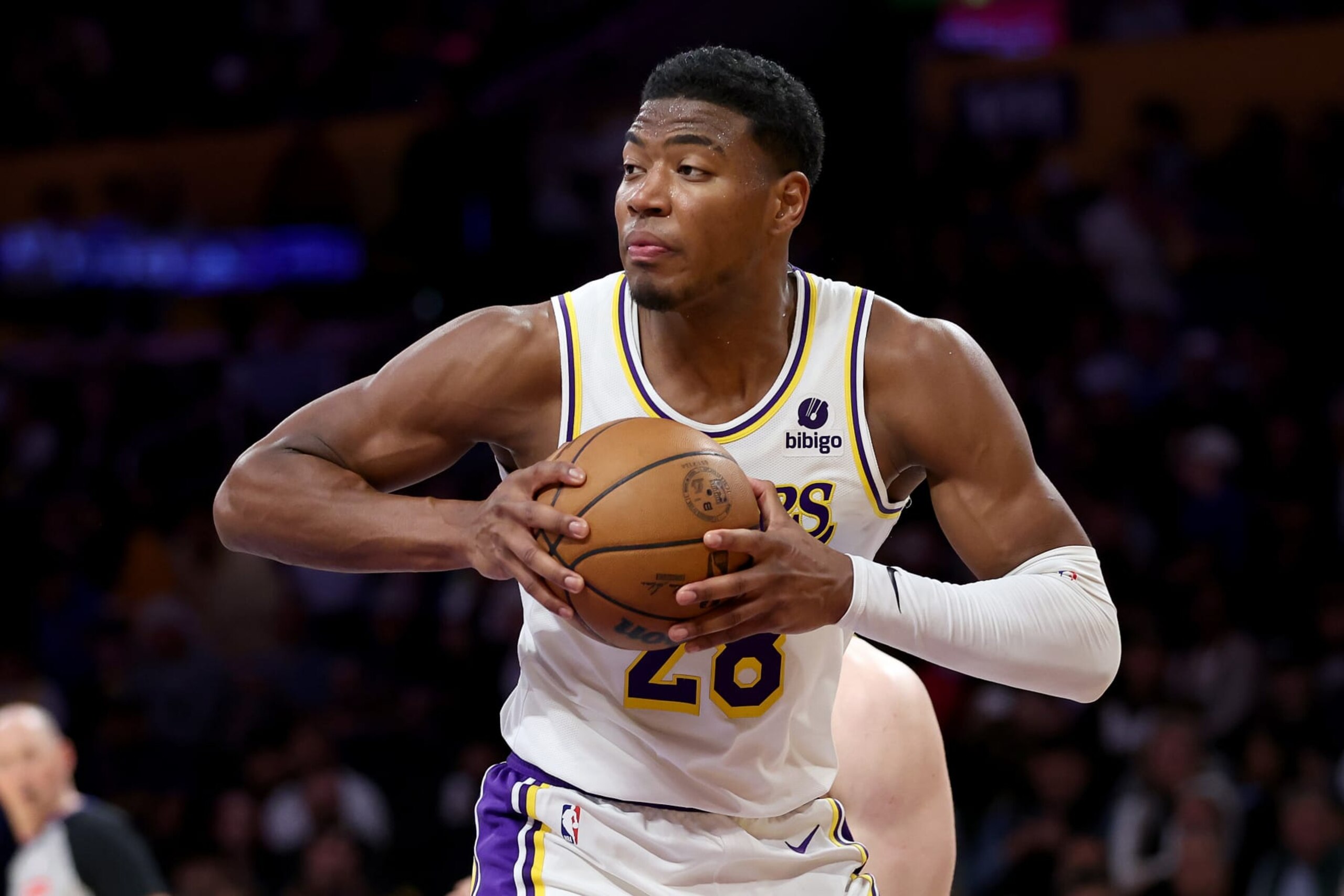 LOS ANGELES, CALIFORNIA - MARCH 16: Rui Hachimura #28 of the Los Angeles Lakers looks to pass during the first half of a game against the Golden State Warriors at Crypto.com Arena on March 16, 2024 in Los Angeles, California. NOTE TO USER: User expressly acknowledges and agrees that, by downloading and or using this photograph, User is consenting to the terms and conditions of the Getty Images License Agreement. (Photo by Sean M. Haffey/Getty Images)