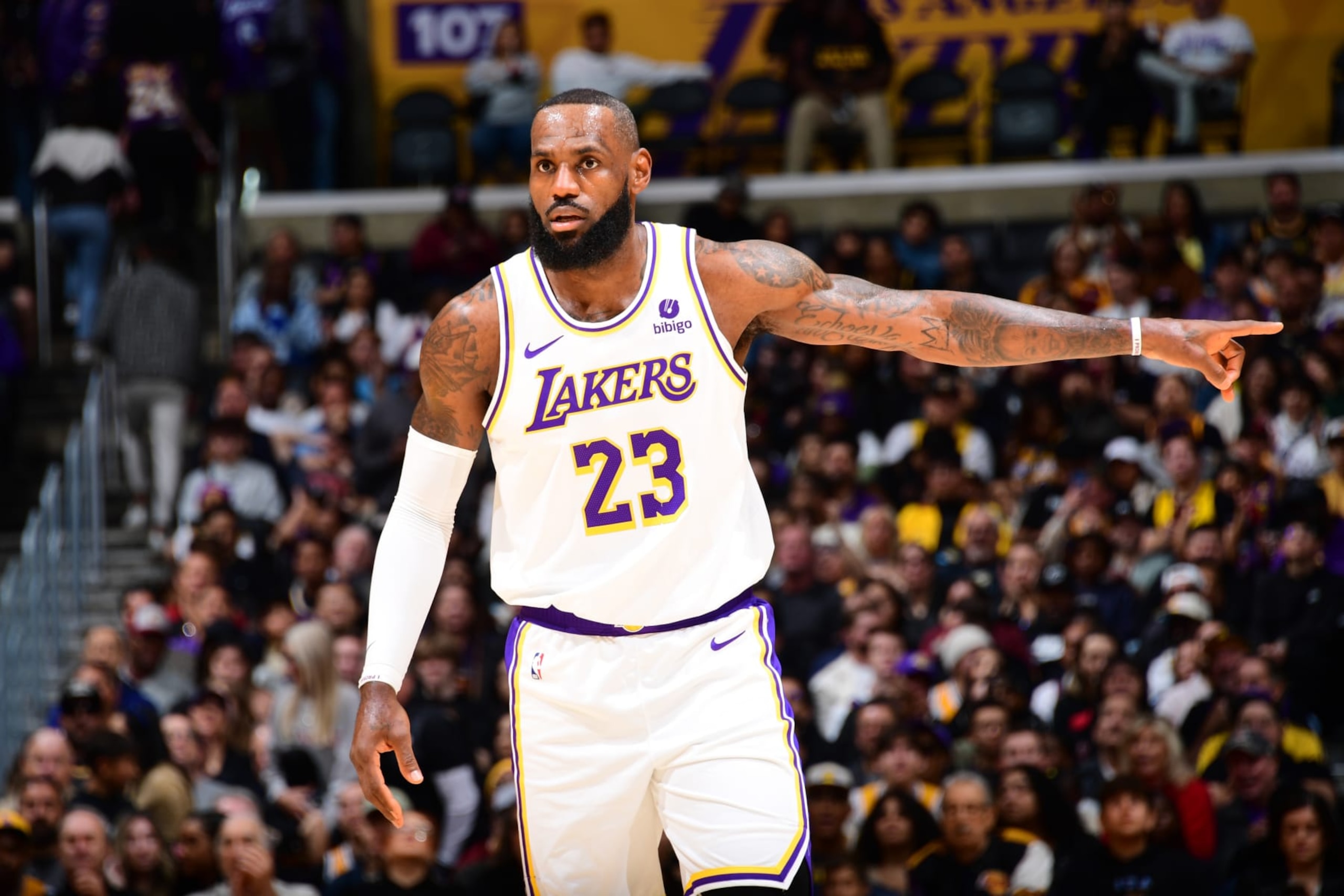 LOS ANGELES, CA - APRIL 6: LeBron James #23 of the Los Angeles Lakers looks on during the game against the Cleveland Cavaliers on April 6, 2024 at Crypto.Com Arena in Los Angeles, California. NOTE TO USER: User expressly acknowledges and agrees that, by downloading and/or using this Photograph, user is consenting to the terms and conditions of the Getty Images License Agreement. Mandatory Copyright Notice: Copyright 2024 NBAE (Photo by Adam Pantozzi/NBAE via Getty Images)