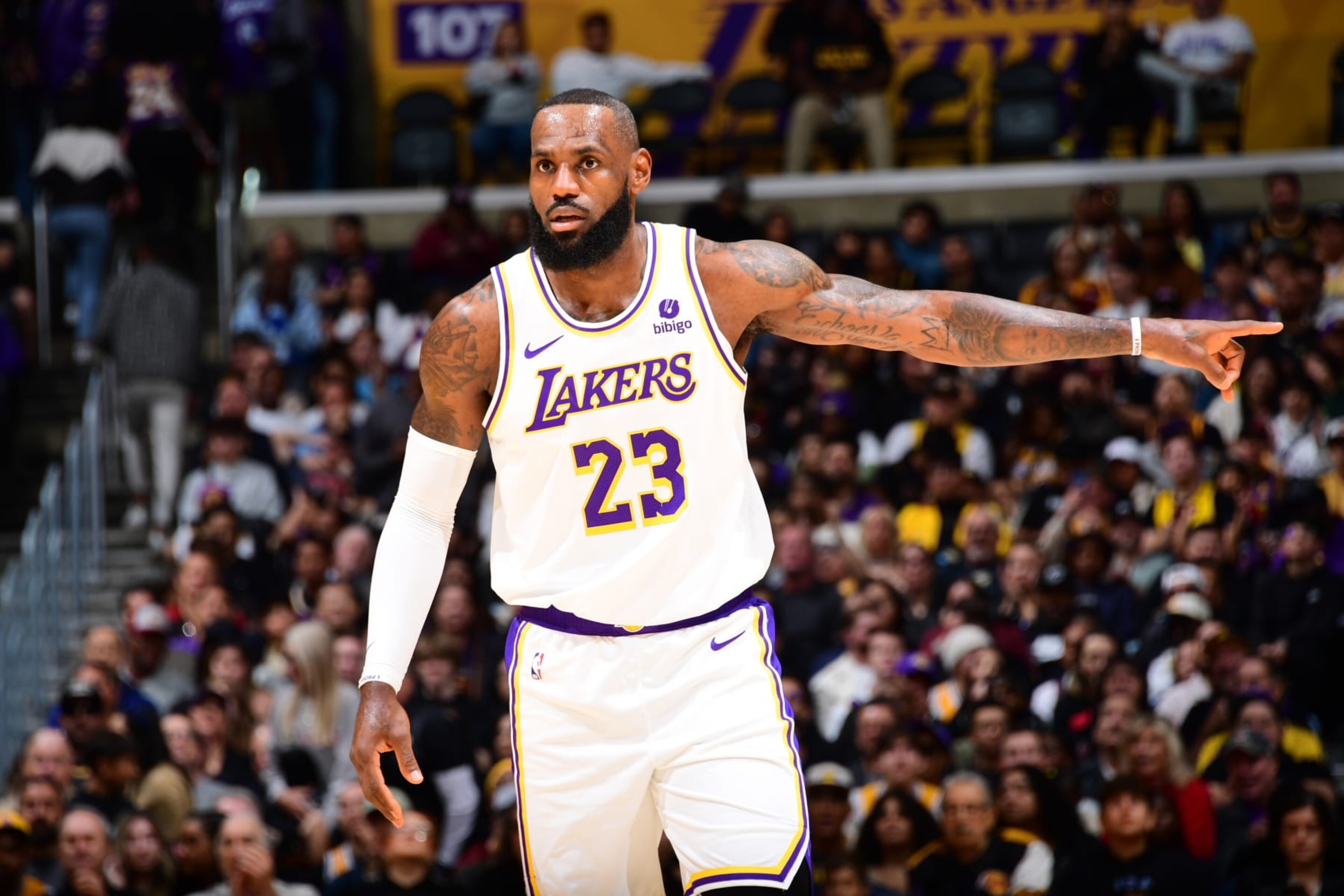 LOS ANGELES, CA - APRIL 6: LeBron James #23 of the Los Angeles Lakers looks on during the game against the Cleveland Cavaliers on April 6, 2024 at Crypto.Com Arena in Los Angeles, California. NOTE TO USER: User expressly acknowledges and agrees that, by downloading and/or using this Photograph, user is consenting to the terms and conditions of the Getty Images License Agreement. Mandatory Copyright Notice: Copyright 2024 NBAE (Photo by Adam Pantozzi/NBAE via Getty Images) LOS ANGELES, CA - APRIL 6: LeBron James #23 of the Los Angeles Lakers looks on during the game against the Cleveland Cavaliers on April 6, 2024 at Crypto.Com Arena in Los Angeles, California. NOTE TO USER: User expressly acknowledges and agrees that, by downloading and/or using this Photograph, user is consenting to the terms and conditions of the Getty Images License Agreement. Mandatory Copyright Notice: Copyright 2024 NBAE (Photo by Adam Pantozzi/NBAE via Getty Images)