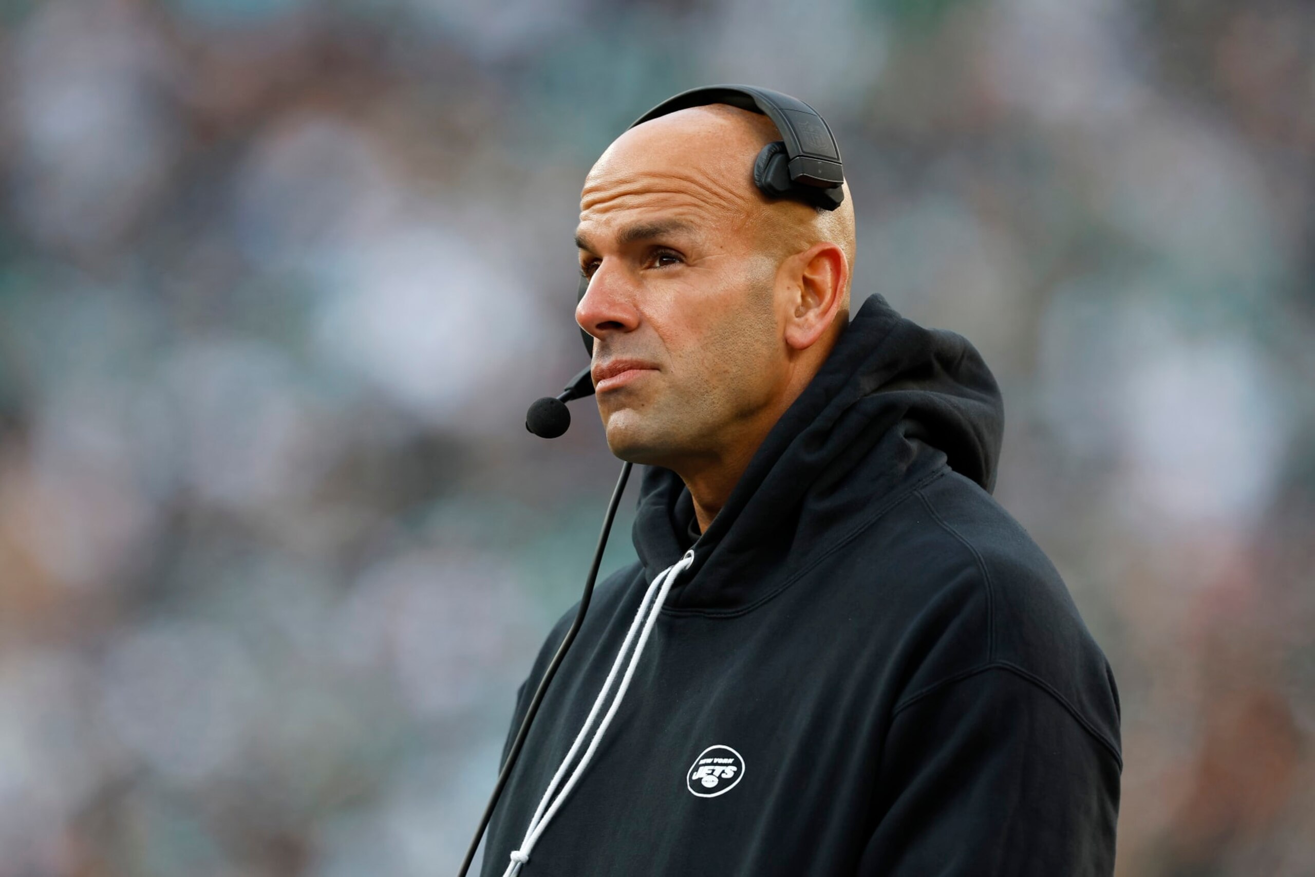 EAST RUTHERFORD, NEW JERSEY - NOVEMBER 24: Head coach Robert Saleh of the New York Jets looks on against the Miami Dolphins during the first quarter in the game at MetLife Stadium on November 24, 2023 in East Rutherford, New Jersey. (Photo by Rich Schultz/Getty Images) EAST RUTHERFORD, NEW JERSEY - NOVEMBER 24: Head coach Robert Saleh of the New York Jets looks on against the Miami Dolphins during the first quarter in the game at MetLife Stadium on November 24, 2023 in East Rutherford, New Jersey. (Photo by Rich Schultz/Getty Images)