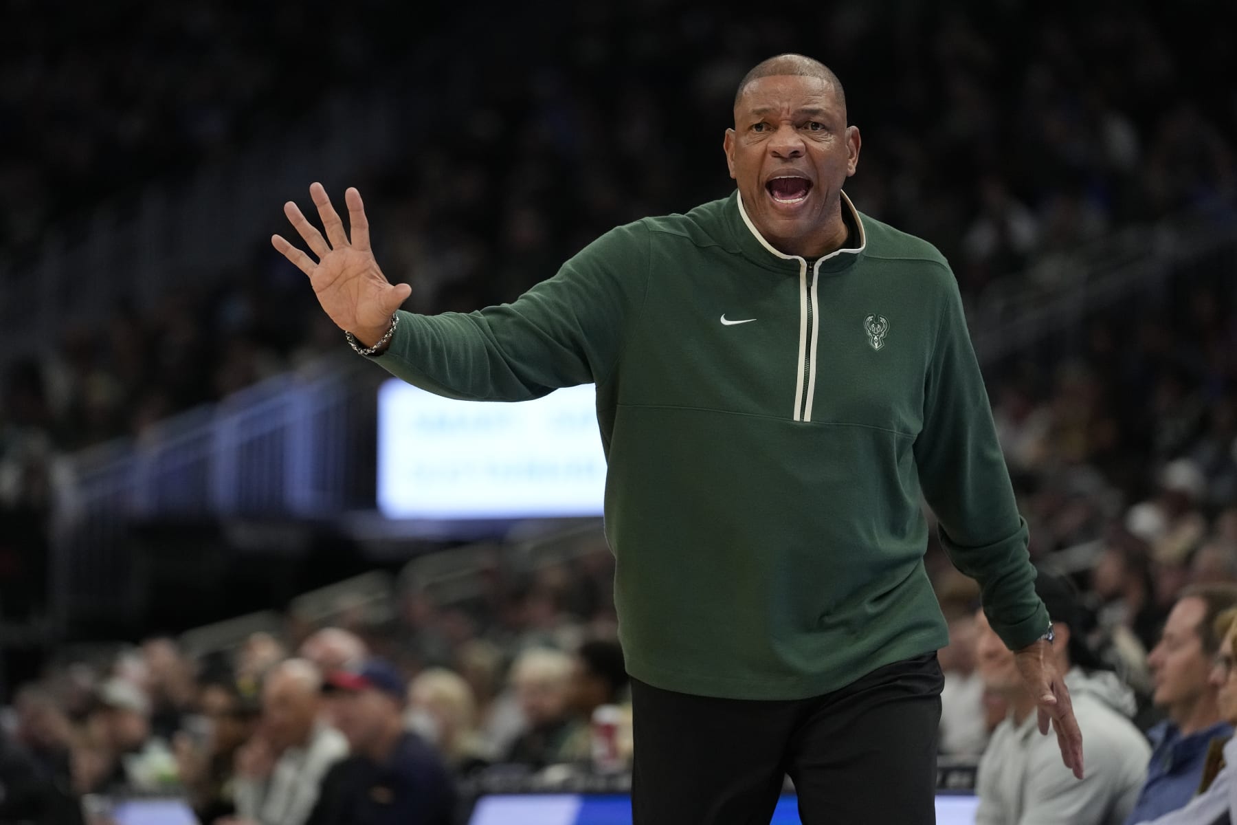 MILWAUKEE, WISCONSIN - APRIL 07: Head coach Doc Rivers of the Milwaukee Bucks reacts during the first half against the New York Knicks at Fiserv Forum on April 07, 2024 in Milwaukee, Wisconsin. NOTE TO USER: User expressly acknowledges and agrees that, by downloading and or using this photograph, User is consenting to the terms and conditions of the Getty Images License Agreement. (Photo by Patrick McDermott/Getty Images)