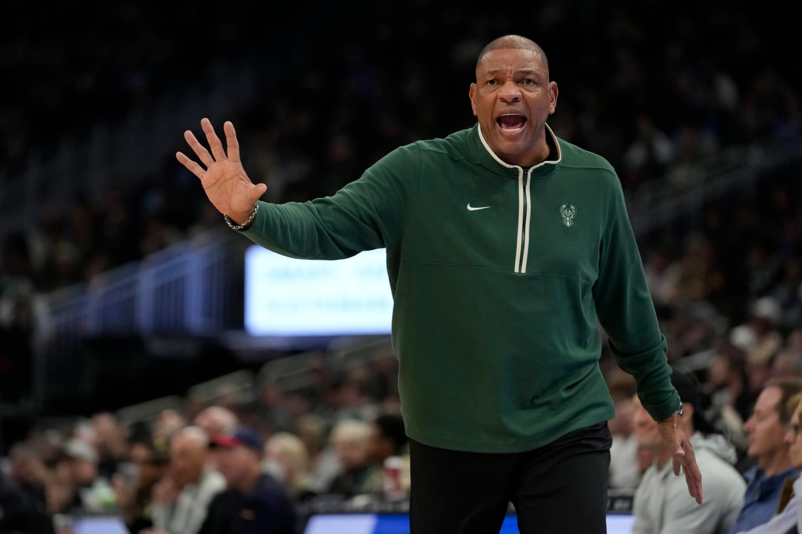 MILWAUKEE, WISCONSIN - APRIL 07: Head coach Doc Rivers of the Milwaukee Bucks reacts during the first half against the New York Knicks at Fiserv Forum on April 07, 2024 in Milwaukee, Wisconsin. NOTE TO USER: User expressly acknowledges and agrees that, by downloading and or using this photograph, User is consenting to the terms and conditions of the Getty Images License Agreement. (Photo by Patrick McDermott/Getty Images) MILWAUKEE, WISCONSIN - APRIL 07: Head coach Doc Rivers of the Milwaukee Bucks reacts during the first half against the New York Knicks at Fiserv Forum on April 07, 2024 in Milwaukee, Wisconsin. NOTE TO USER: User expressly acknowledges and agrees that, by downloading and or using this photograph, User is consenting to the terms and conditions of the Getty Images License Agreement. (Photo by Patrick McDermott/Getty Images)