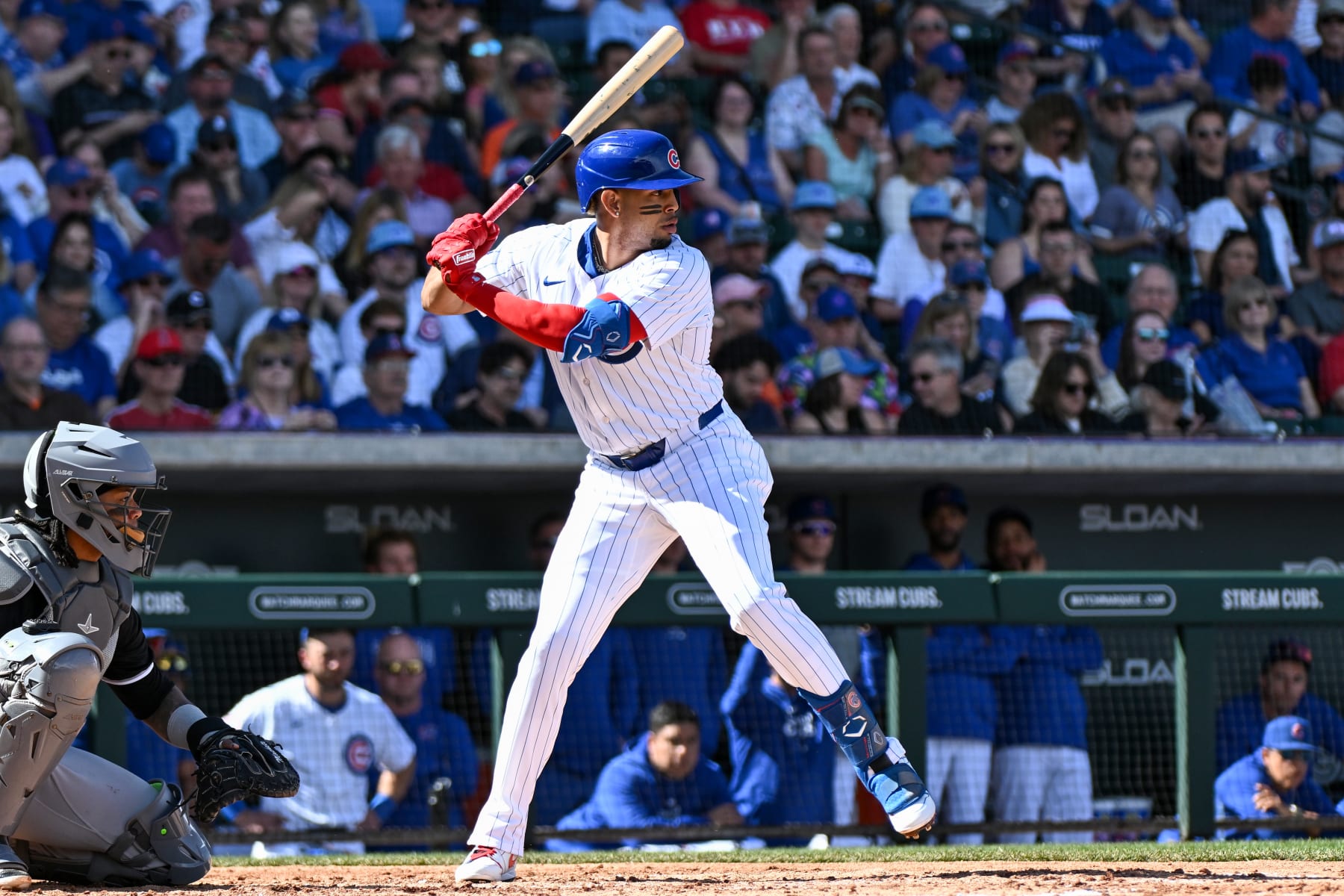 MESA, ARIZONA - FEBRUARY 23, 2024: Christopher Morel #5 of the Chicago Cubs bats during the second inning of a spring training game against the Chicago White Sox at Sloan Park on February 23, 2024 in Mesa, Arizona. (Photo by David Durochik/Diamond Images via Getty Images)