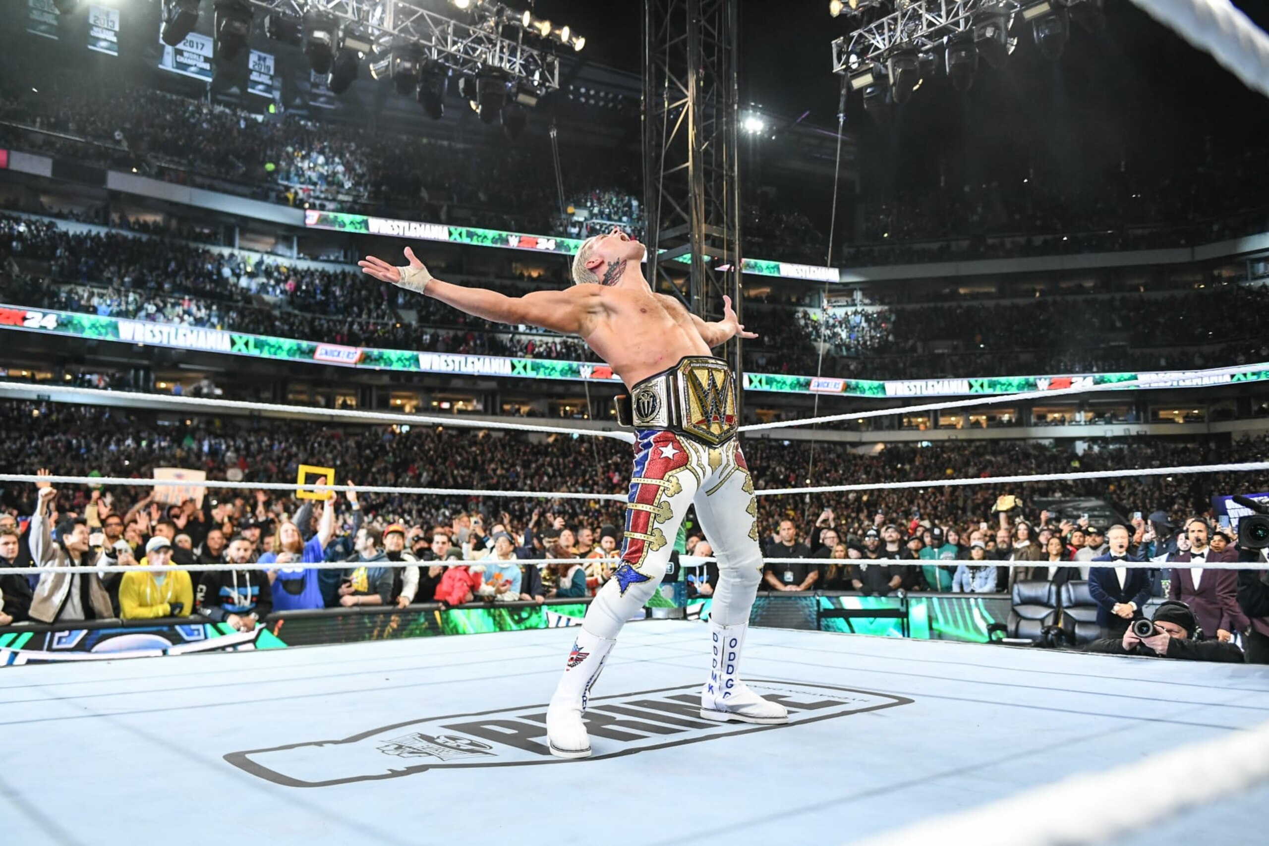 PHILADELPHIA, PENNSYLVANIA - APRIL 7: Cody Rhodes celebrates during Night Two of WrestleMania 40 at Lincoln Financial Field on April 7, 2024 in Philadelphia, Pennsylvania. (Photo by WWE/Getty Images)
