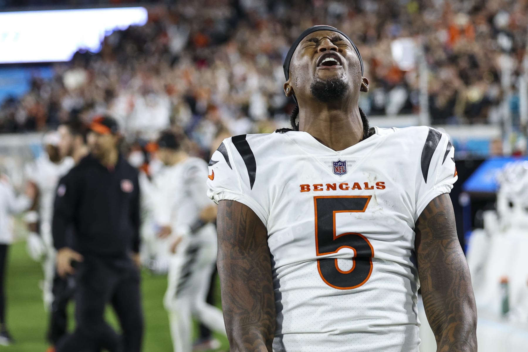 JACKSONVILLE, FL - DECEMBER 04: Tee Higgins #5 of the Cincinnati Bengals celebrates after an NFL football game against the Jacksonville Jaguars at EverBank Stadium on December 4, 2023 in Jacksonville, FL. (Photo by Perry Knotts/Getty Images)