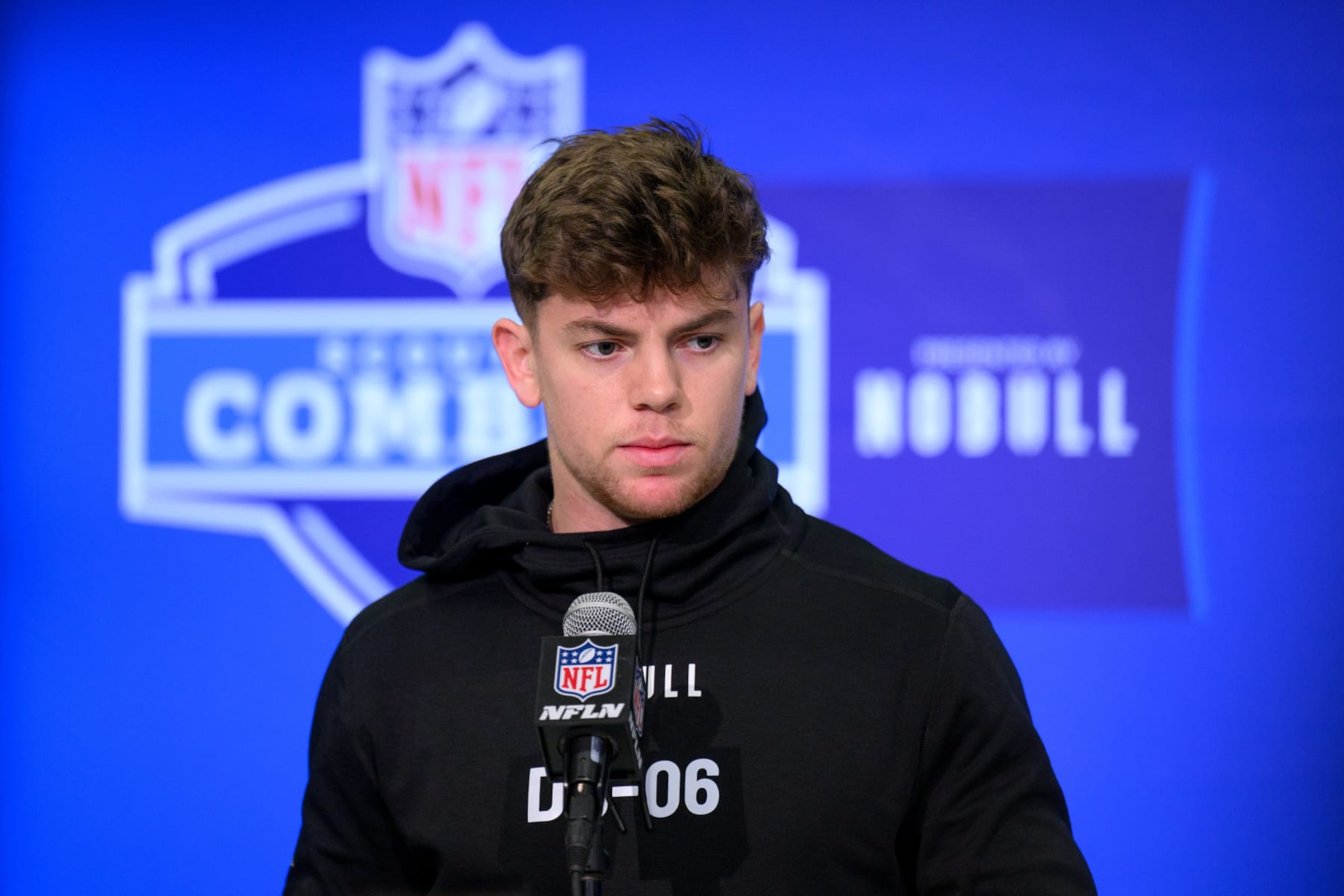INDIANAPOLIS, IN - FEBRUARY 29: Iowa defensive back Cooper DeJean answers questions from the media during the NFL Scouting Combine on February 29, 2024, at the Indiana Convention Center in Indianapolis, IN. (Photo by Zach Bolinger/Icon Sportswire via Getty Images) INDIANAPOLIS, IN - FEBRUARY 29: Iowa defensive back Cooper DeJean answers questions from the media during the NFL Scouting Combine on February 29, 2024, at the Indiana Convention Center in Indianapolis, IN. (Photo by Zach Bolinger/Icon Sportswire via Getty Images)