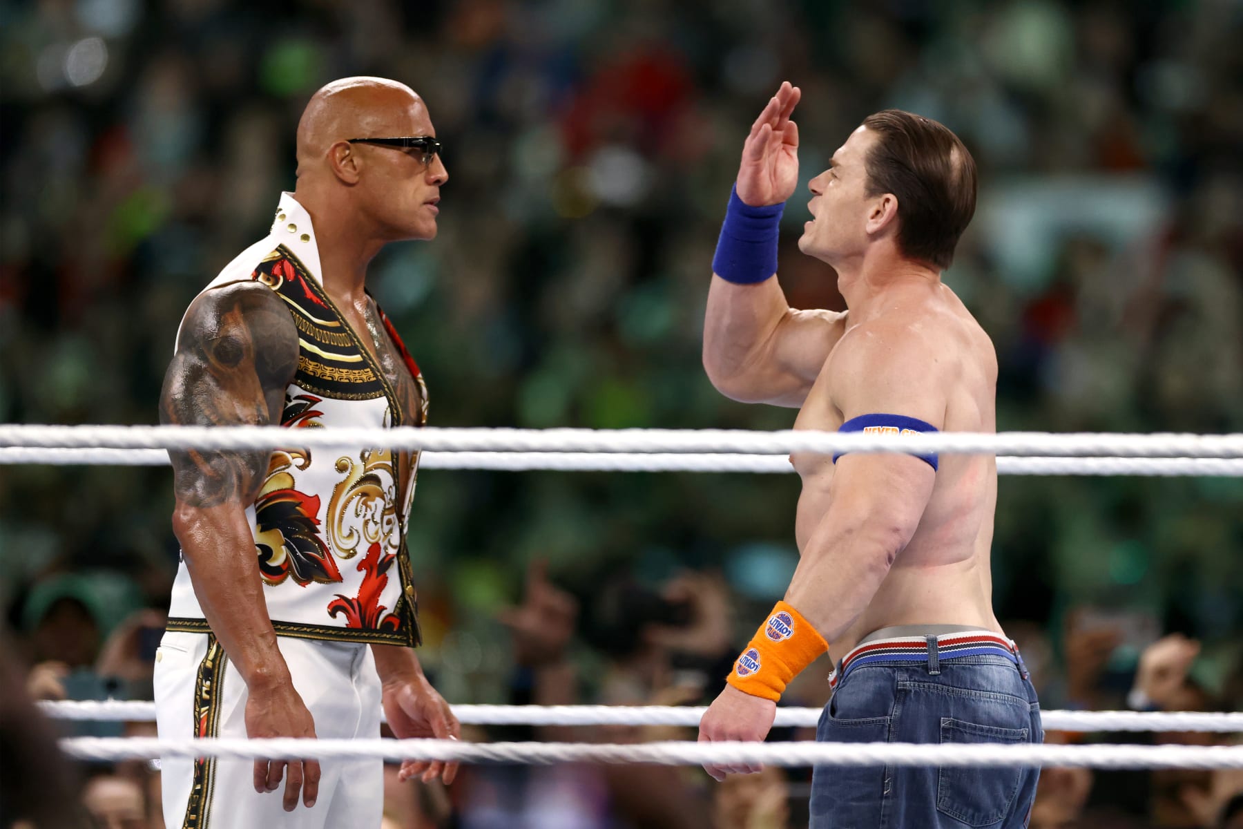 PHILADELPHIA, PENNSYLVANIA - APRIL 07: Dwayne "The Rock" Johnson and John Cena fight during Night Two at Lincoln Financial Field on April 07, 2024 in Philadelphia, Pennsylvania.  (Photo by Tim Nwachukwu/Getty Images)