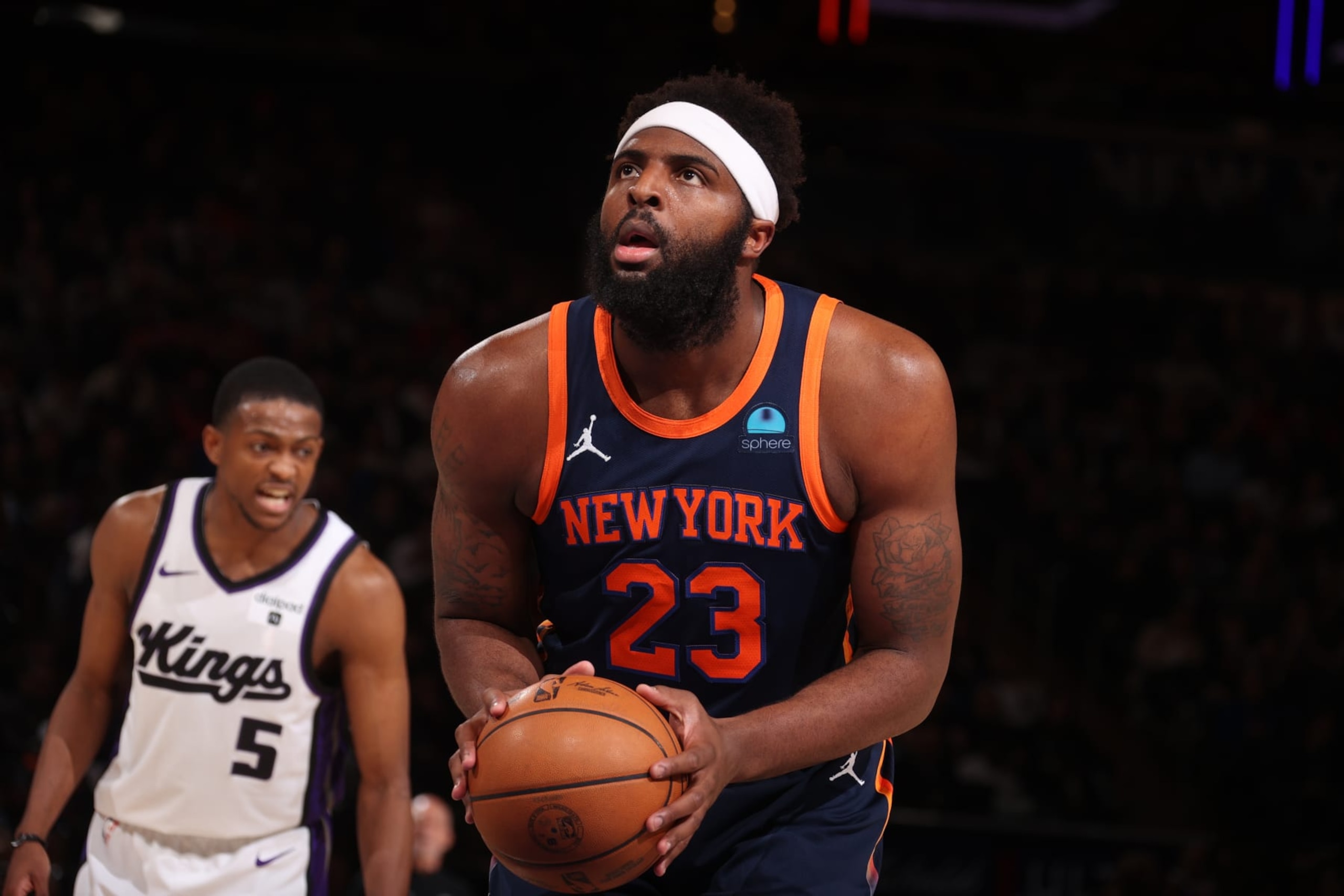 NEW YORK, NY - APRIL 4: Mitchell Robinson #23 of the New York Knicks shoots a free throw during the game against the Sacramento Kings on April 4, 2024 at Madison Square Garden in New York City, New York.  NOTE TO USER: User expressly acknowledges and agrees that, by downloading and or using this photograph, User is consenting to the terms and conditions of the Getty Images License Agreement. Mandatory Copyright Notice: Copyright 2024 NBAE  (Photo by Nathaniel S. Butler/NBAE via Getty Images)