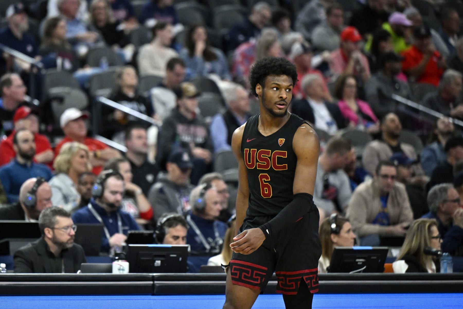 LAS VEGAS, NEVADA - MARCH 14: Bronny James #6 of the USC Trojans looks on in the second half of a quarterfinal game against the Arizona Wildcats during the Pac-12 Conference basketball tournament at T-Mobile Arena on March 14, 2024 in Las Vegas, Nevada. The Wildcats defeated the Trojans 70-49. (Photo by David Becker/Getty Images)