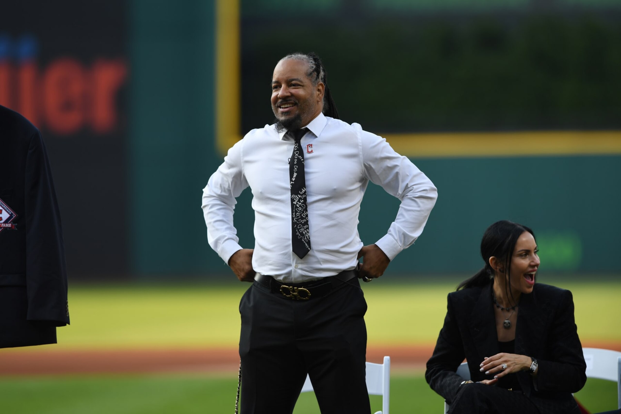 CLEVELAND, OHIO - AUGUST 19, 2023: Former Cleveland Indians outfielder Manny Ramirez looks on during his Cleveland Guardians Hall of Fame Induction prior to a game against the Detroit Tigers at Progressive Field on August 19, 2023 in Cleveland, Ohio. (Photo by George Kubas/Diamond Images via Getty Images)