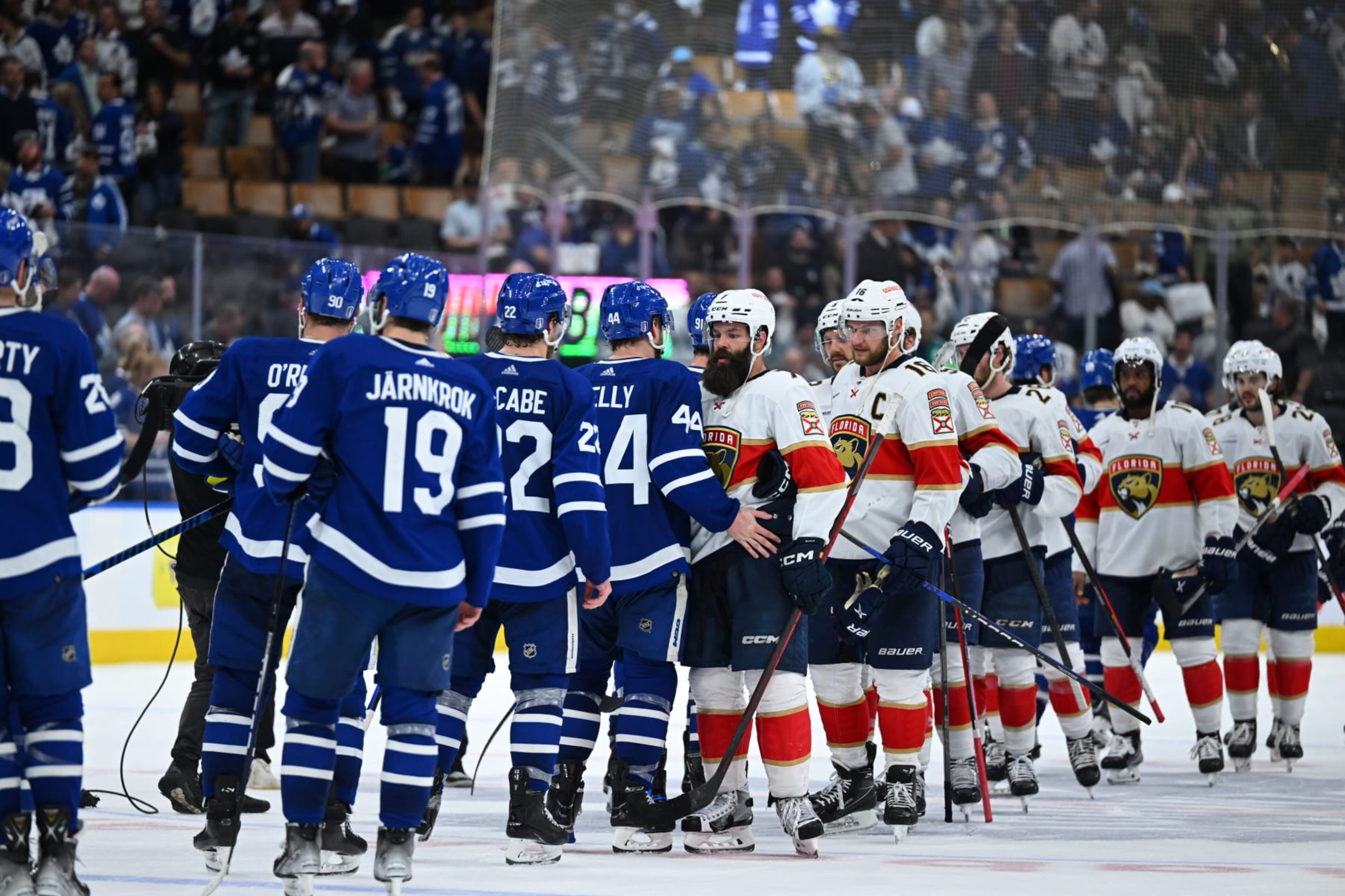 TORONTO, ON - MAY 12: Toronto Maple Leafs and Florida Panthers shake hands after the Florida Panthers clinch the series during 5 in the Eastern Conference Second Round between the Florida Panthers and the Toronto Maple Leafs on May 12, 2023, at Scotiabank Arena in Toronto, ON, Canada. (Photo by Gavin Napier/Icon Sportswire via Getty Images)