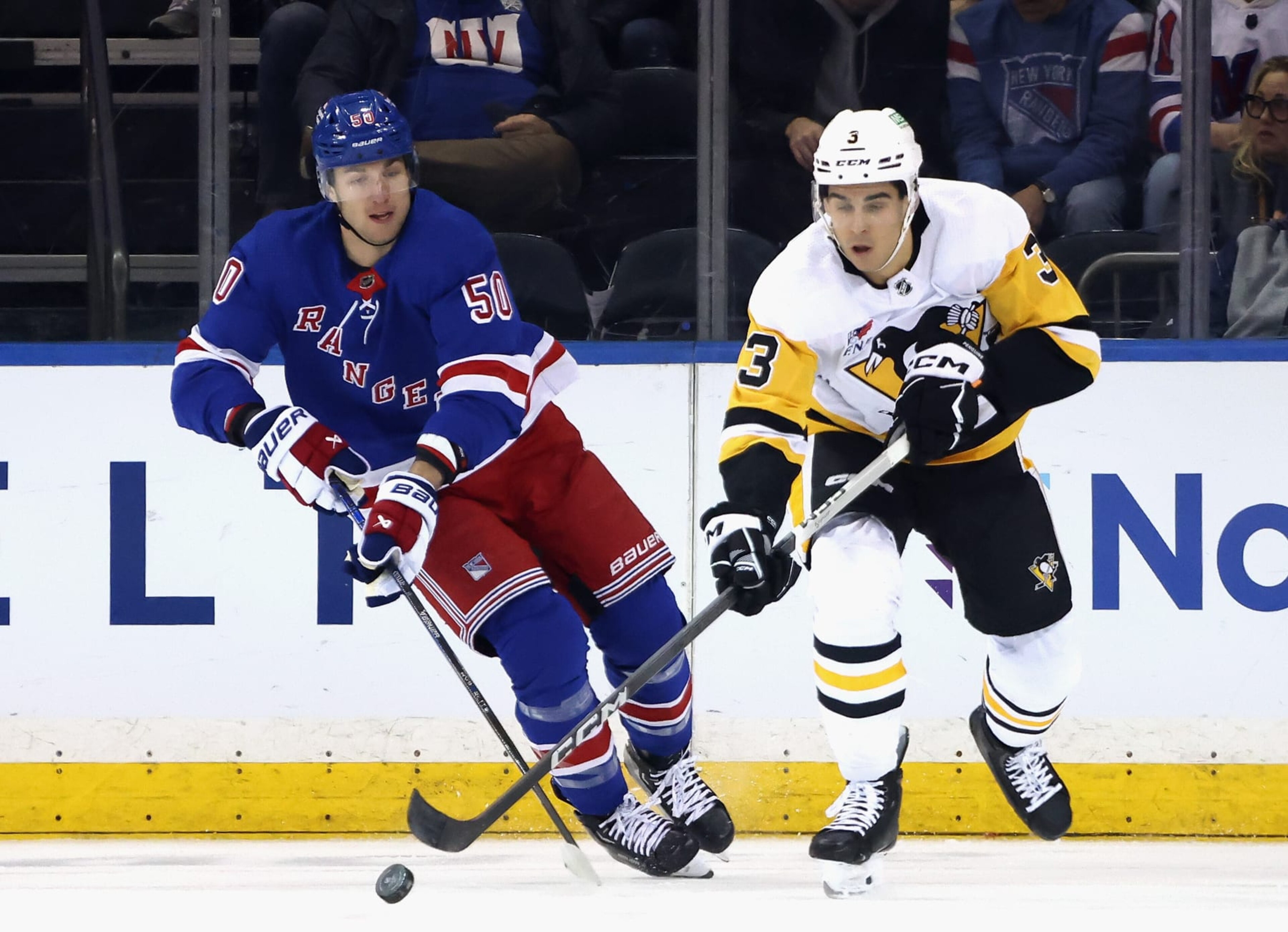 NEW YORK, NEW YORK - APRIL 01: Jack St. Ivany #3 of the Pittsburgh Penguins skates against the New York Rangers at Madison Square Garden on April 01, 2024 in New York City. (Photo by Bruce Bennett/Getty Images)