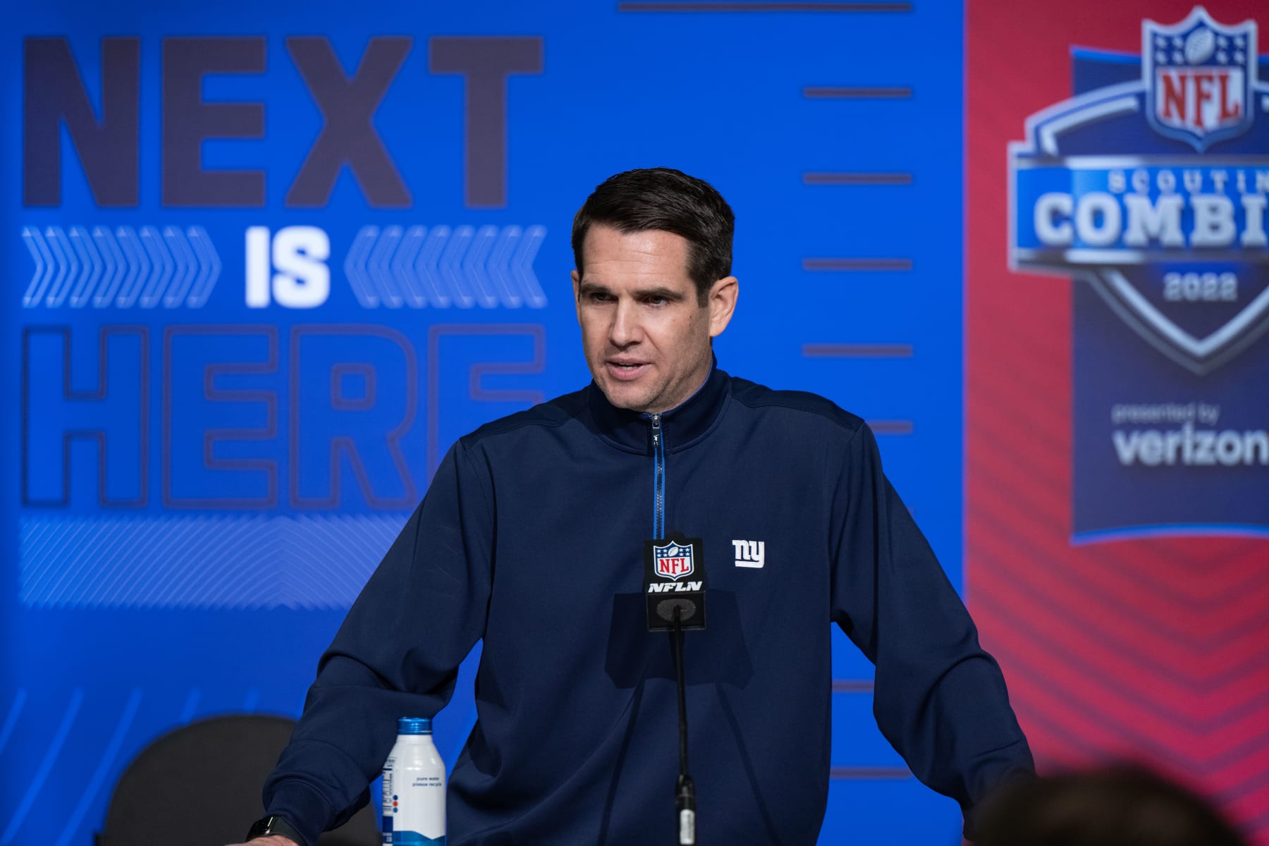 INDIANAPOLIS, IN - MARCH 01: New York Giants general manager Joe Schoen answers questions from the media during the NFL Scouting Combine on March 1, 2022, at the Indiana Convention Center in Indianapolis, IN. (Photo by Zach Bolinger/Icon Sportswire via Getty Images)