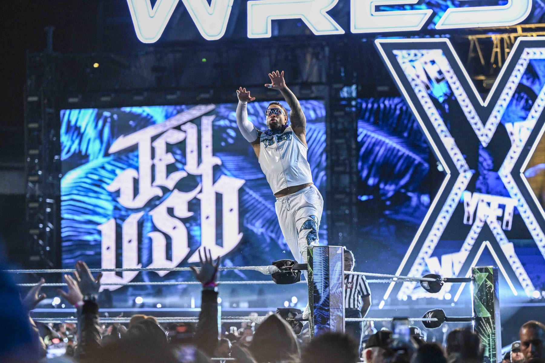 PHILADELPHIA, PENNSYLVANIA - APRIL 6: Jey Uso enters the ring during Night One of WrestleMania 40 at Lincoln Financial Field on April 6, 2024 in Philadelphia, Pennsylvania. (Photo by WWE/Getty Images)