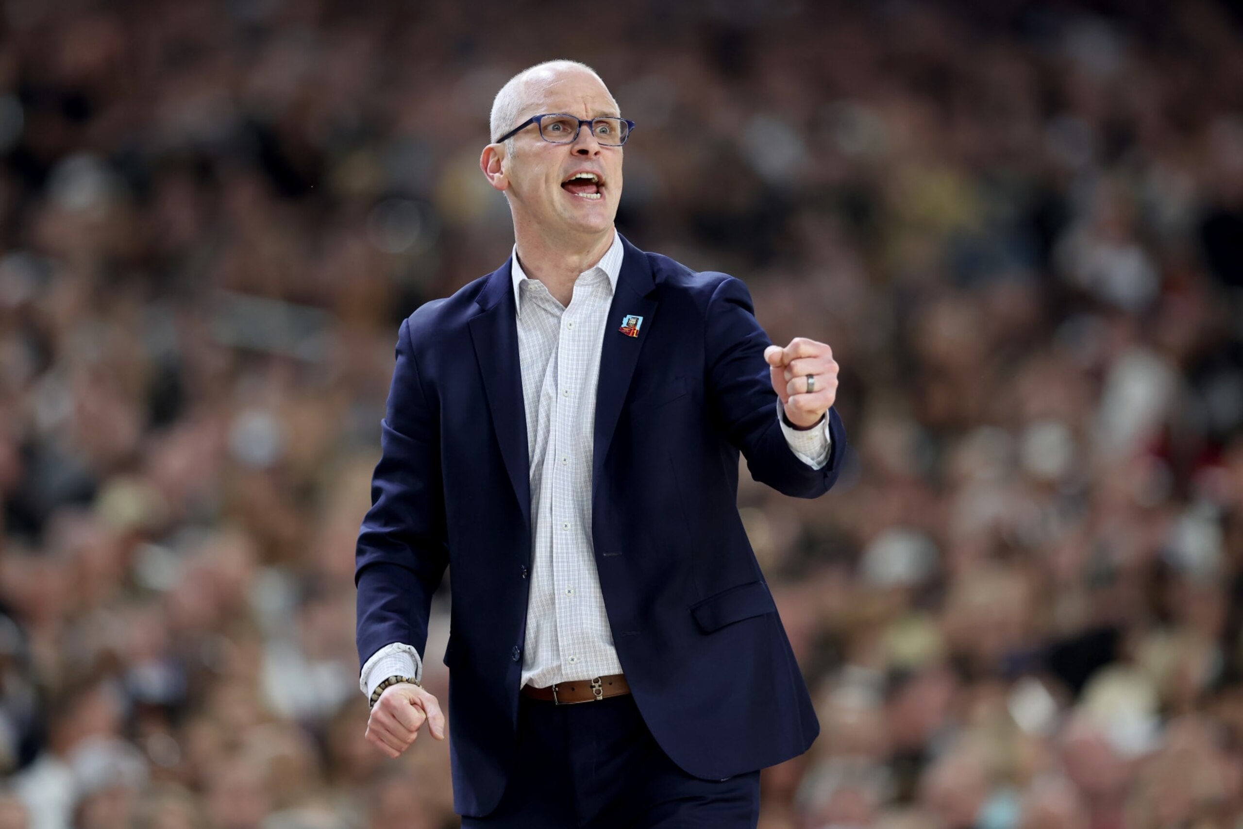 GLENDALE, ARIZONA - APRIL 08: Head coach Dan Hurley of the Connecticut Huskies reacts in the first half against the Purdue Boilermakers during the NCAA Men's Basketball Tournament National Championship game at State Farm Stadium on April 08, 2024 in Glendale, Arizona. (Photo by Christian Petersen/Getty Images) GLENDALE, ARIZONA - APRIL 08: Head coach Dan Hurley of the Connecticut Huskies reacts in the first half against the Purdue Boilermakers during the NCAA Men's Basketball Tournament National Championship game at State Farm Stadium on April 08, 2024 in Glendale, Arizona. (Photo by Christian Petersen/Getty Images)
