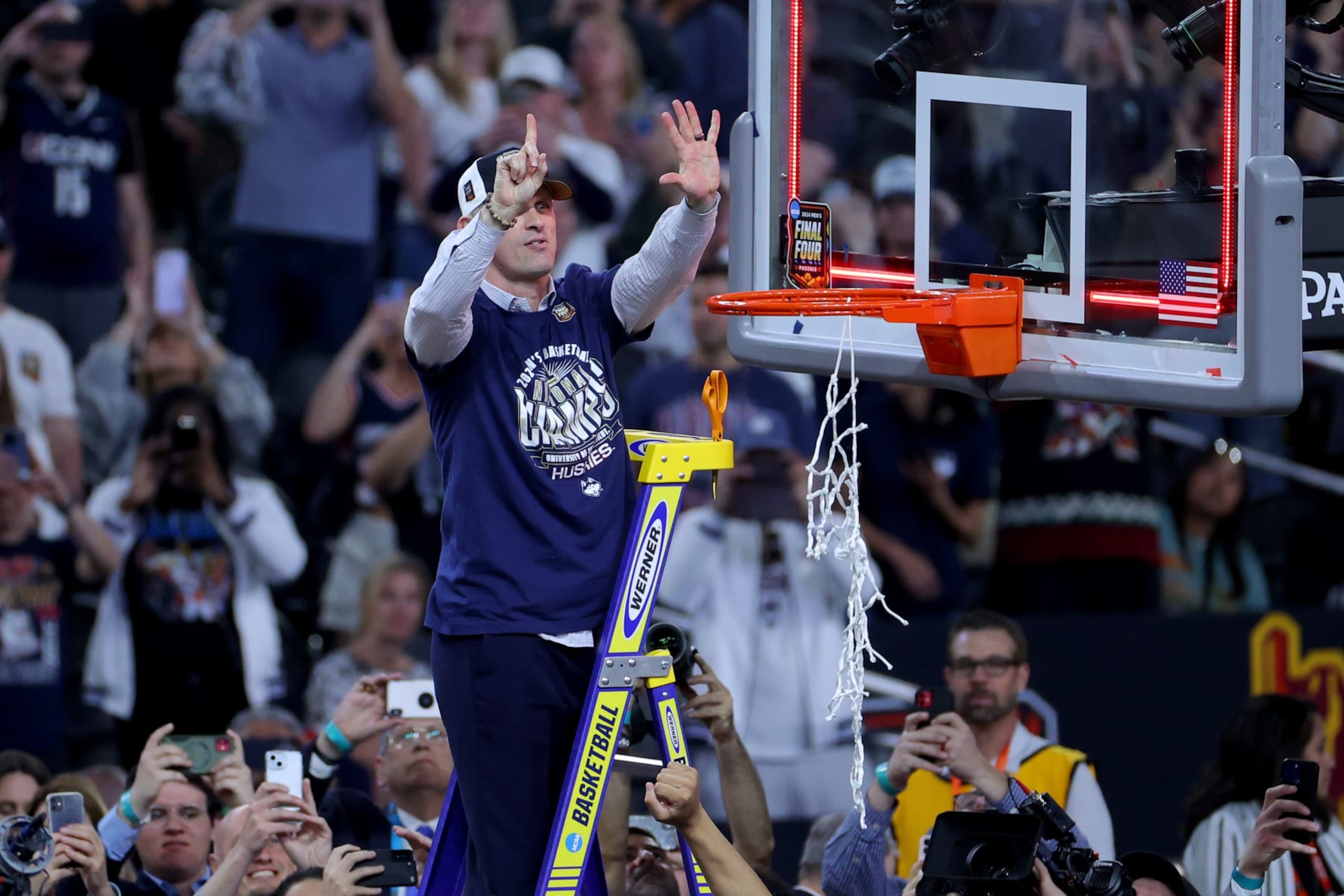 Dan Hurley cuts down the nets after his second, UConn's sixth national championship in men's college basketball. Dan Hurley cuts down the nets after his second, UConn's sixth national championship in men's college basketball.
