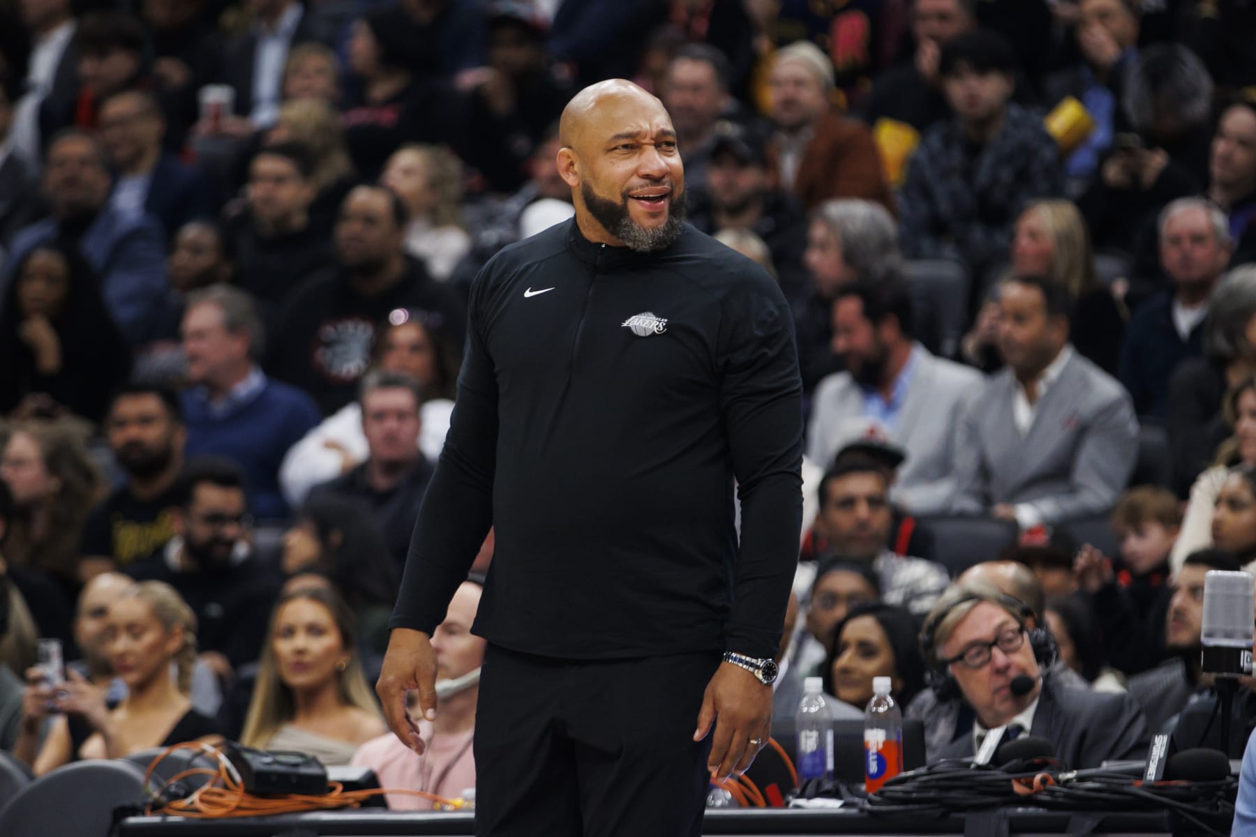 TORONTO, CANADA - APRIL 2: Darvin Ham, head coach of the Los Angeles Lakers is seen on the sidelines in the first half of their NBA game against the Toronto Raptors at Scotiabank Arena on April 2, 2024 in Toronto, Canada. NOTE TO USER: User expressly acknowledges and agrees that, by downloading and or using this photograph, User is consenting to the terms and conditions of the Getty Images License Agreement. (Photo by Cole Burston/Getty Images)