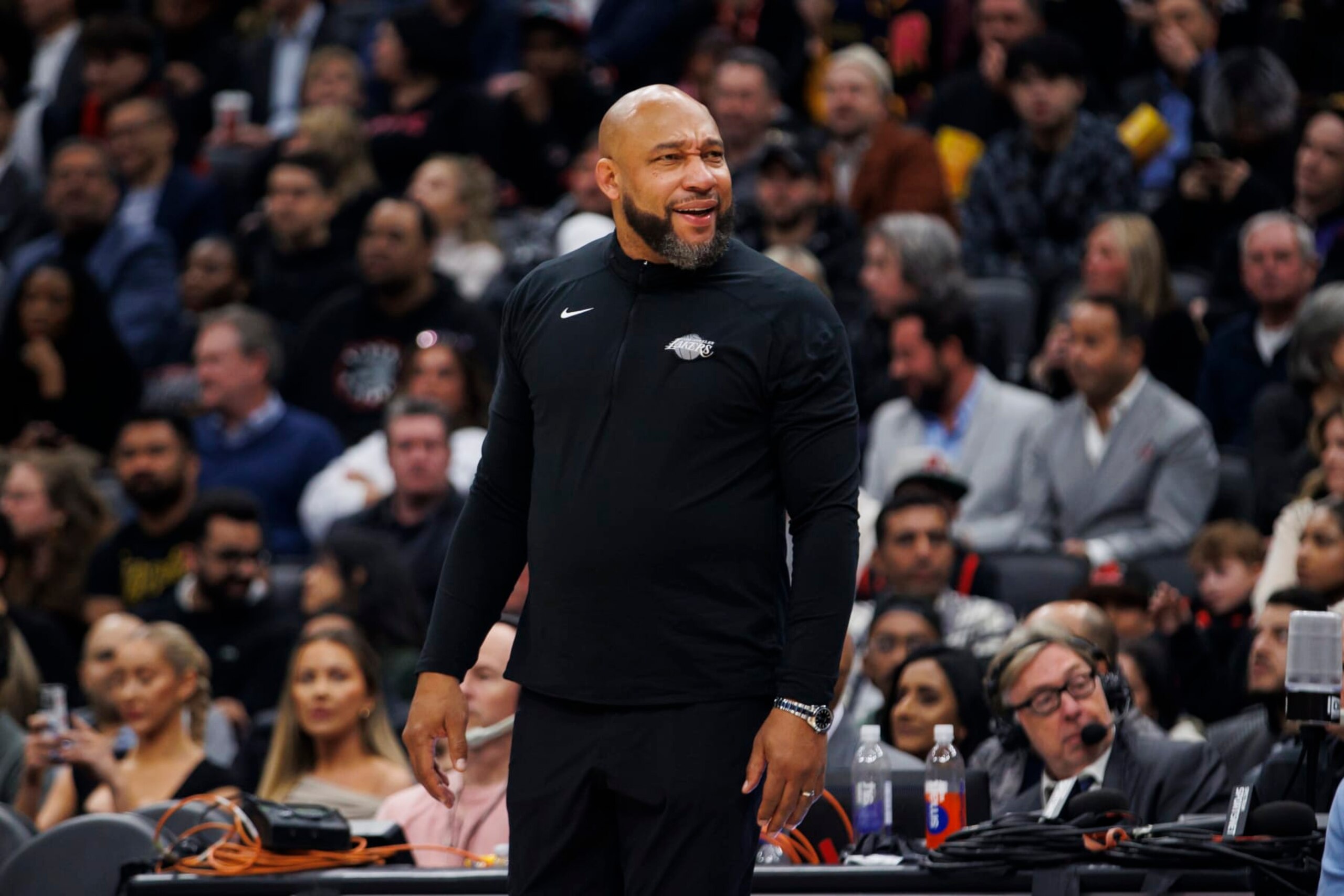 TORONTO, CANADA - APRIL 2: Darvin Ham, head coach of the Los Angeles Lakers is seen on the sidelines in the first half of their NBA game against the Toronto Raptors at Scotiabank Arena on April 2, 2024 in Toronto, Canada. NOTE TO USER: User expressly acknowledges and agrees that, by downloading and or using this photograph, User is consenting to the terms and conditions of the Getty Images License Agreement. (Photo by Cole Burston/Getty Images)
