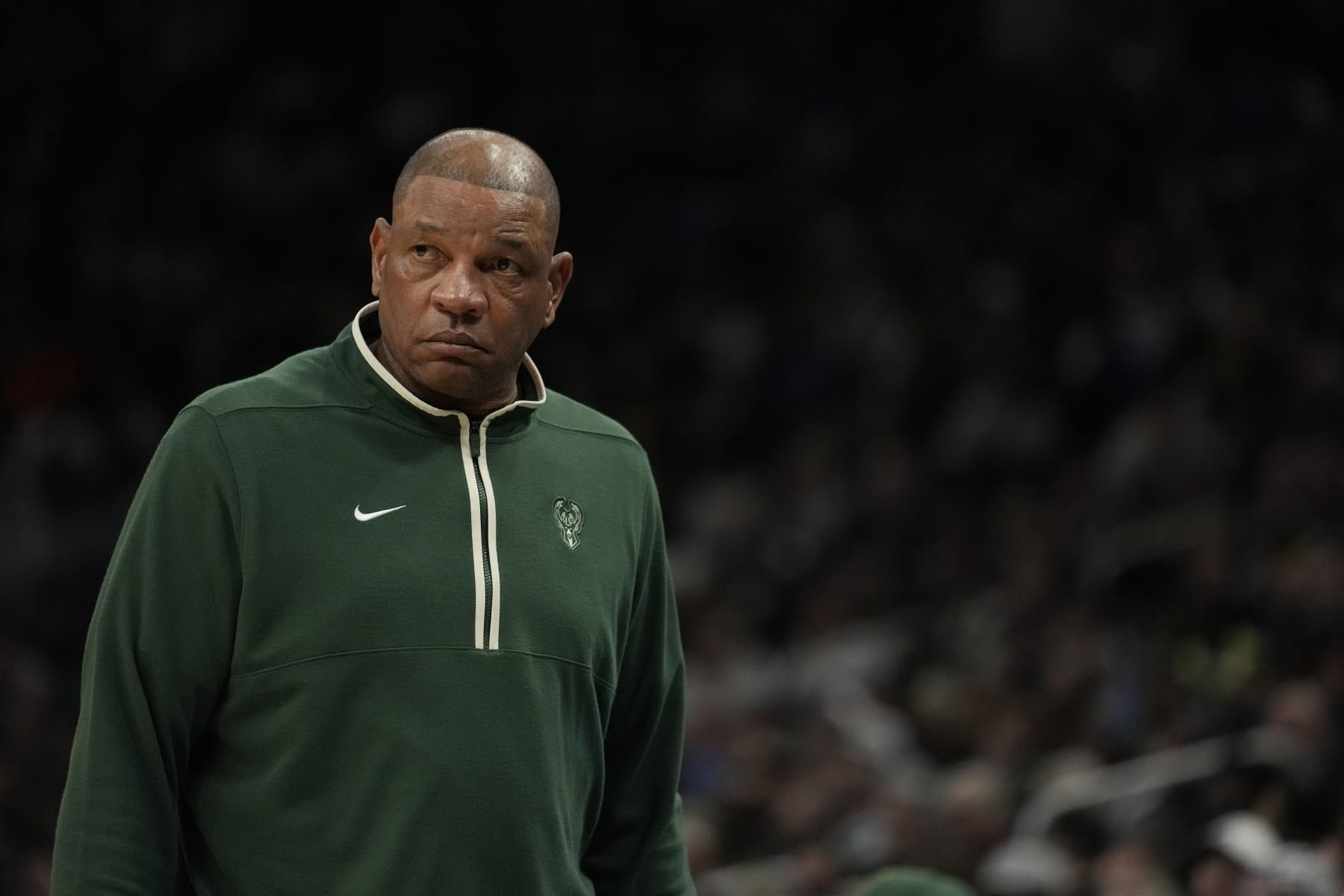MILWAUKEE, WISCONSIN - APRIL 07: Head coach Doc Rivers of the Milwaukee Bucks reacts during the second half against the New York Knicks at Fiserv Forum on April 07, 2024 in Milwaukee, Wisconsin. NOTE TO USER: User expressly acknowledges and agrees that, by downloading and or using this photograph, User is consenting to the terms and conditions of the Getty Images License Agreement. (Photo by Patrick McDermott/Getty Images)