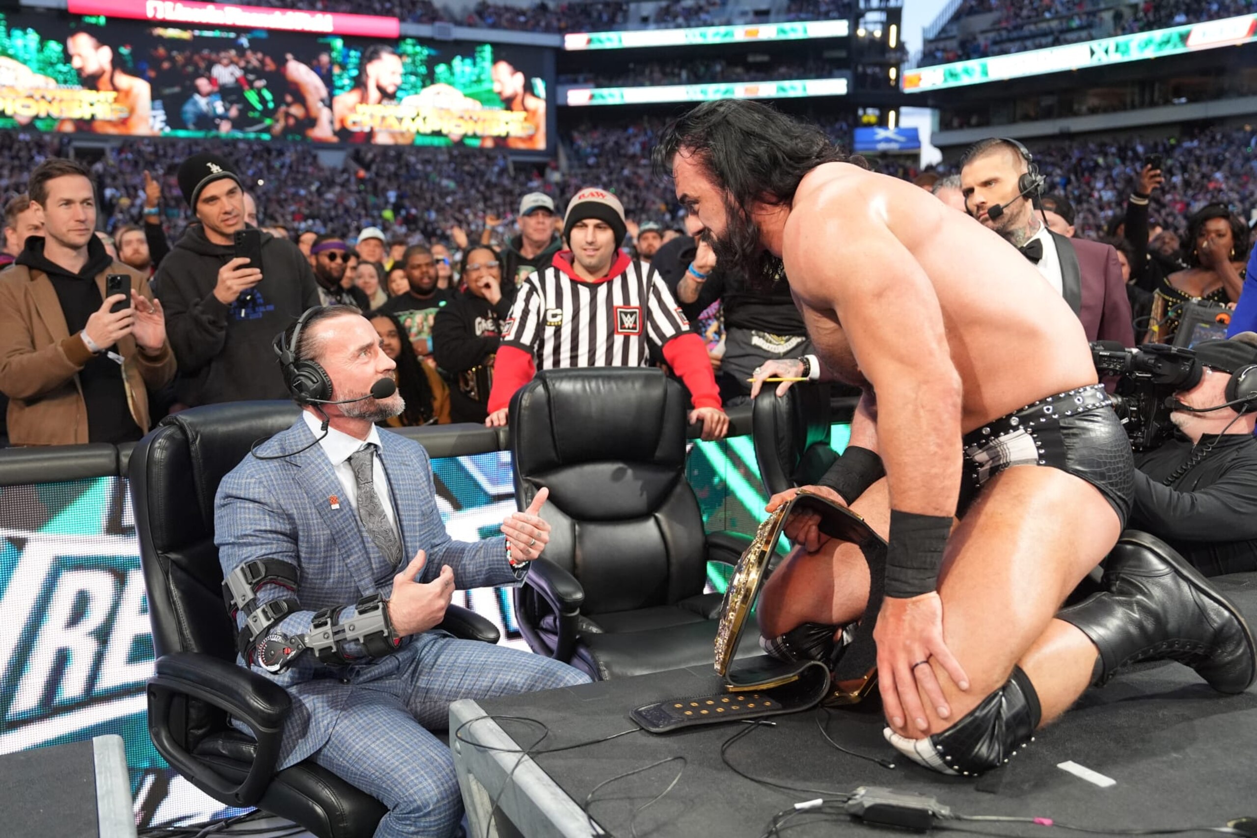 PHILADELPHIA, PENNSYLVANIA - APRIL 07: Drew McIntyre has a face off with CM Punk after WWE World Championship win during Night Two of WrestleMania 40 at Lincoln Financial Field on April 7, 2024 in Philadelphia, Pennsylvania. (Photo by WWE/Getty Images)