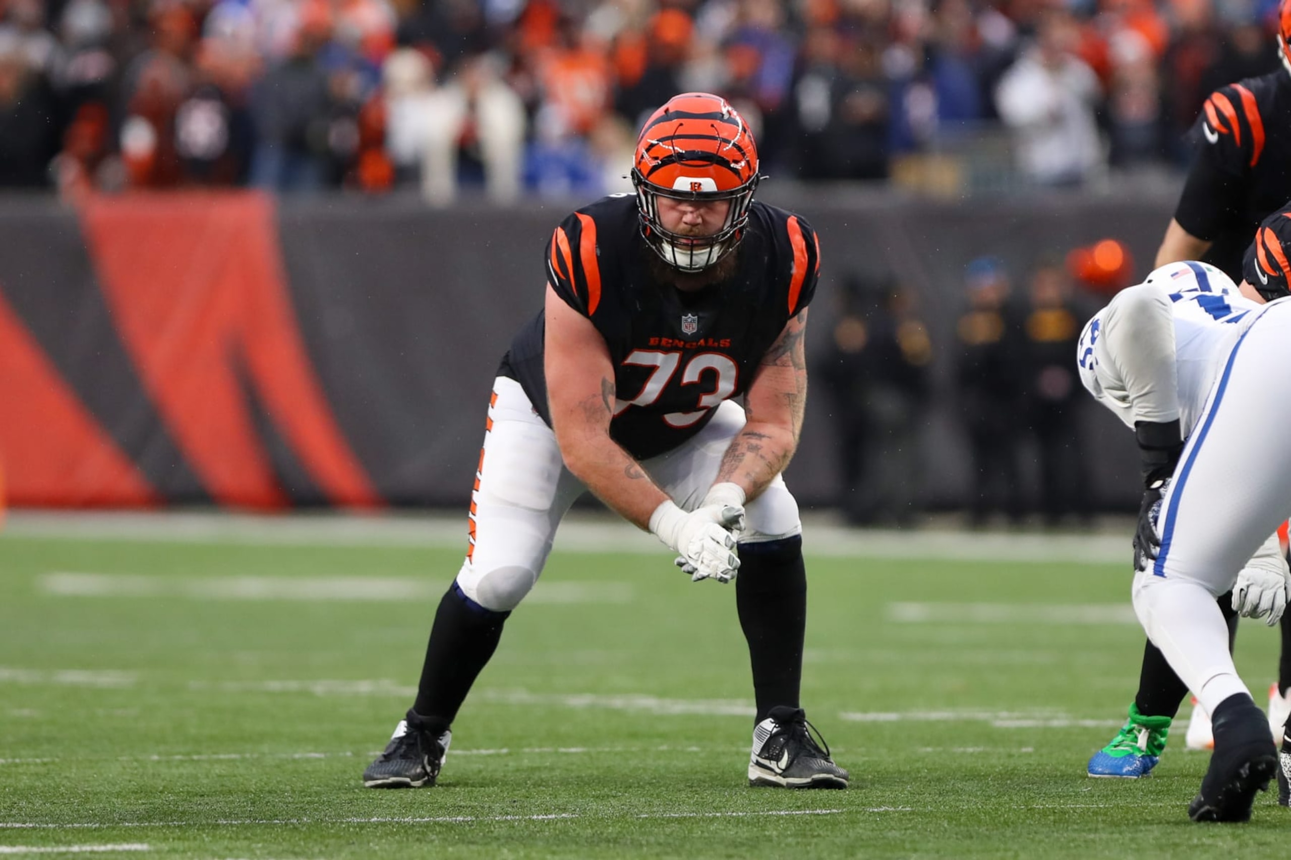 CINCINNATI, OH - DECEMBER 10: Cincinnati Bengals offensive tackle Jonah Williams (73) during the game against the Indianapolis Colts and the Cincinnati Bengals on December 10, 2023, at Paycor Stadium in Cincinnati, OH. (Photo by Ian Johnson/Icon Sportswire via Getty Images)