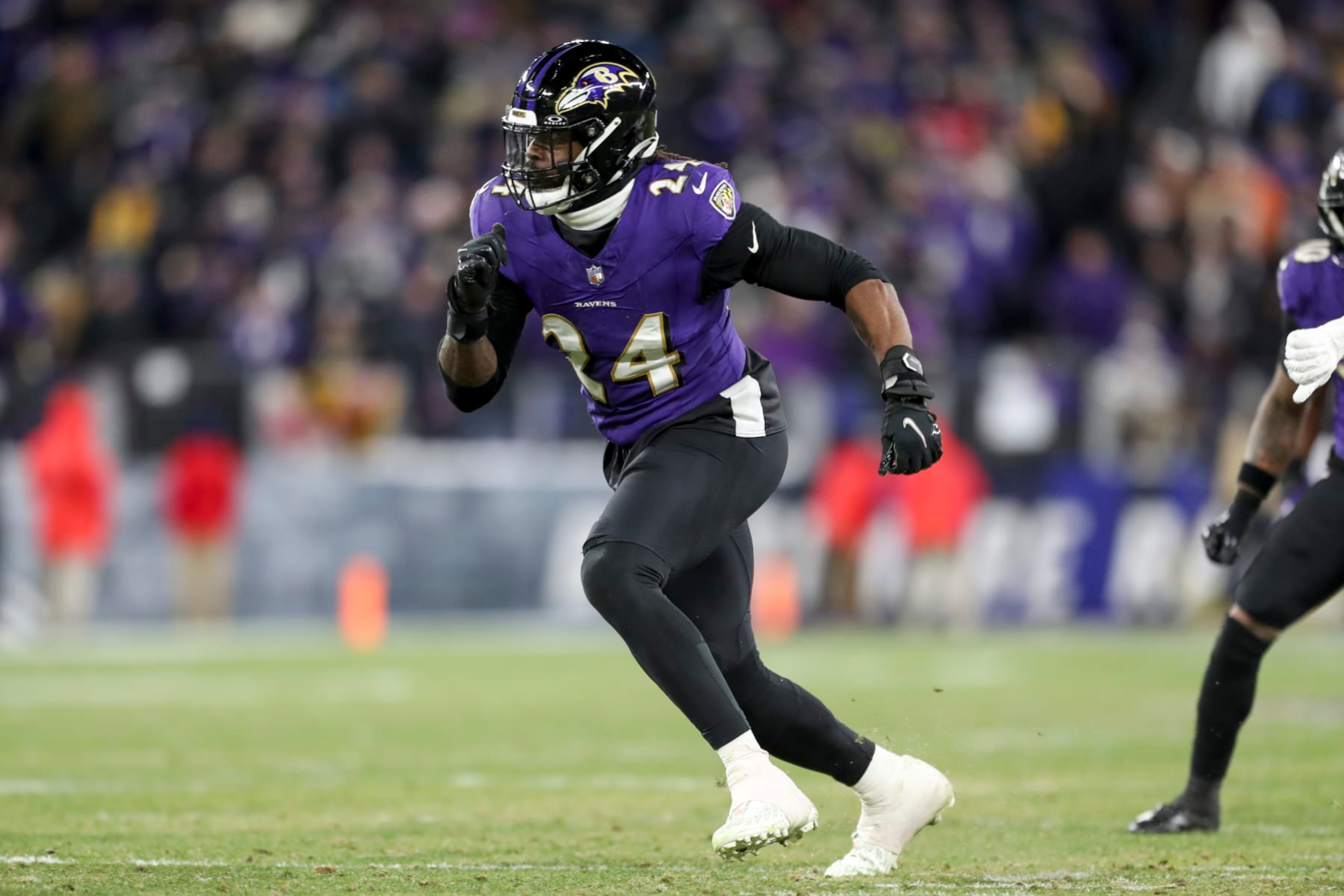 BALTIMORE, MARYLAND - JANUARY 20: Jadeveon Clowney #24 of the Baltimore Ravens runs during an NFL Divisional Round playoff game against the Houston Texans at M&T Bank Stadium on January 20, 2024 in Baltimore, Maryland. (Photo by Kara Durrette/Getty Images) BALTIMORE, MARYLAND - JANUARY 20: Jadeveon Clowney #24 of the Baltimore Ravens runs during an NFL Divisional Round playoff game against the Houston Texans at M&T Bank Stadium on January 20, 2024 in Baltimore, Maryland. (Photo by Kara Durrette/Getty Images)