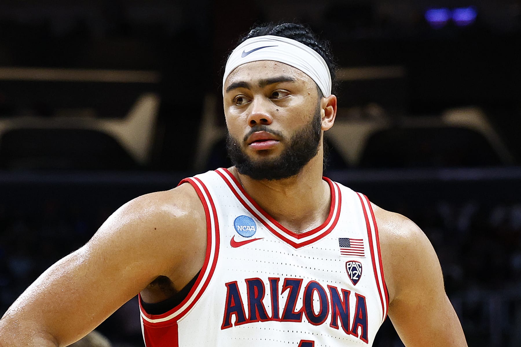 LOS ANGELES, CALIFORNIA - MARCH 28: Kylan Boswell #4 of the Arizona Wildcats looks on in a game against the Clemson Tigers during the first half in the Sweet 16 round of the NCAA Men's Basketball Tournament at Crypto.com Arena on March 28, 2024 in Los Angeles, California. (Photo by Ronald Martinez/Getty Images)