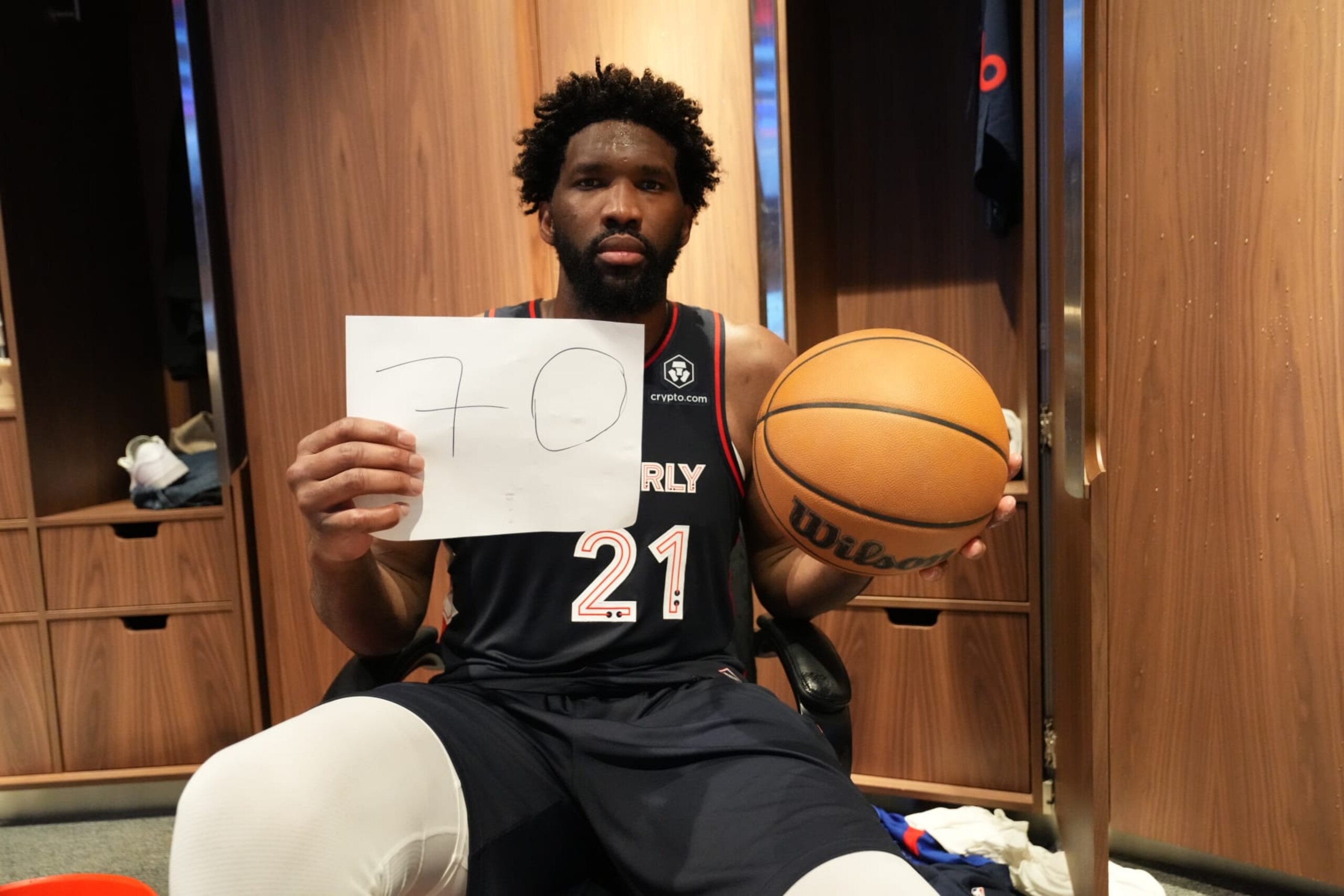 PHILADELPHIA, PA - JANUARY 22: Joel Embiid #21 of the Philadelphia 76ers poses for a photo after setting a new franchise record of 70 points after the game against the San Antonio Spurs on January 22, 2024 at the Wells Fargo Center in Philadelphia, Pennsylvania NOTE TO USER: User expressly acknowledges and agrees that, by downloading and/or using this Photograph, user is consenting to the terms and conditions of the Getty Images License Agreement. Mandatory Copyright Notice: Copyright 2024 NBAE (Photo by Jesse D. Garrabrant/NBAE via Getty Images) PHILADELPHIA, PA - JANUARY 22: Joel Embiid #21 of the Philadelphia 76ers poses for a photo after setting a new franchise record of 70 points after the game against the San Antonio Spurs on January 22, 2024 at the Wells Fargo Center in Philadelphia, Pennsylvania NOTE TO USER: User expressly acknowledges and agrees that, by downloading and/or using this Photograph, user is consenting to the terms and conditions of the Getty Images License Agreement. Mandatory Copyright Notice: Copyright 2024 NBAE (Photo by Jesse D. Garrabrant/NBAE via Getty Images)