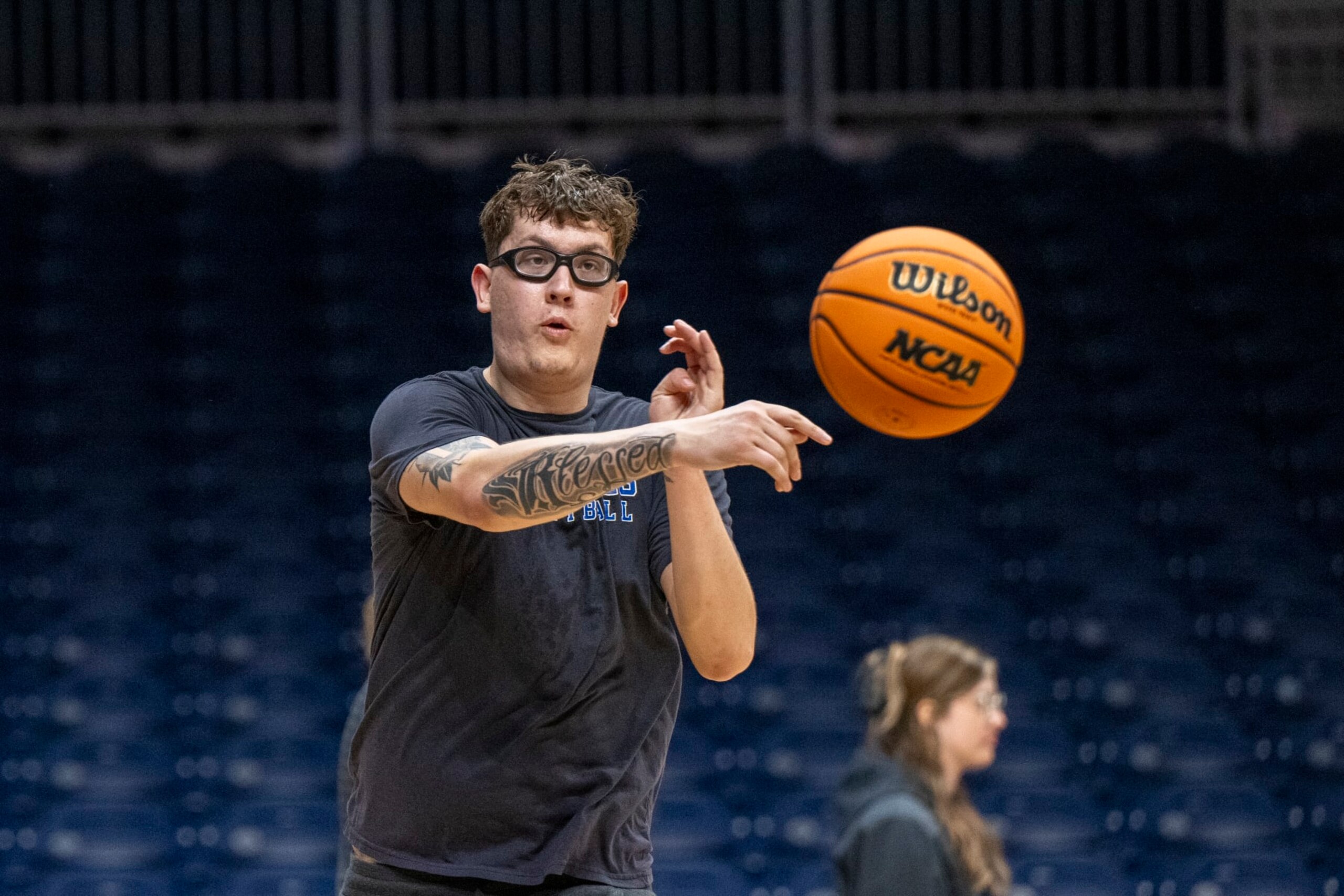 INDIANAPOLIS, INDIANA - APRIL 1: Robbie Avila #21 of the Indiana State Sycamores runs through a drill during the team's practice for the NIT at Hinkle Fieldhouse on April 1, 2024 in Indianapolis, Indiana.  (Photo by Doug McSchooler/NCAA Photos via Getty Images)