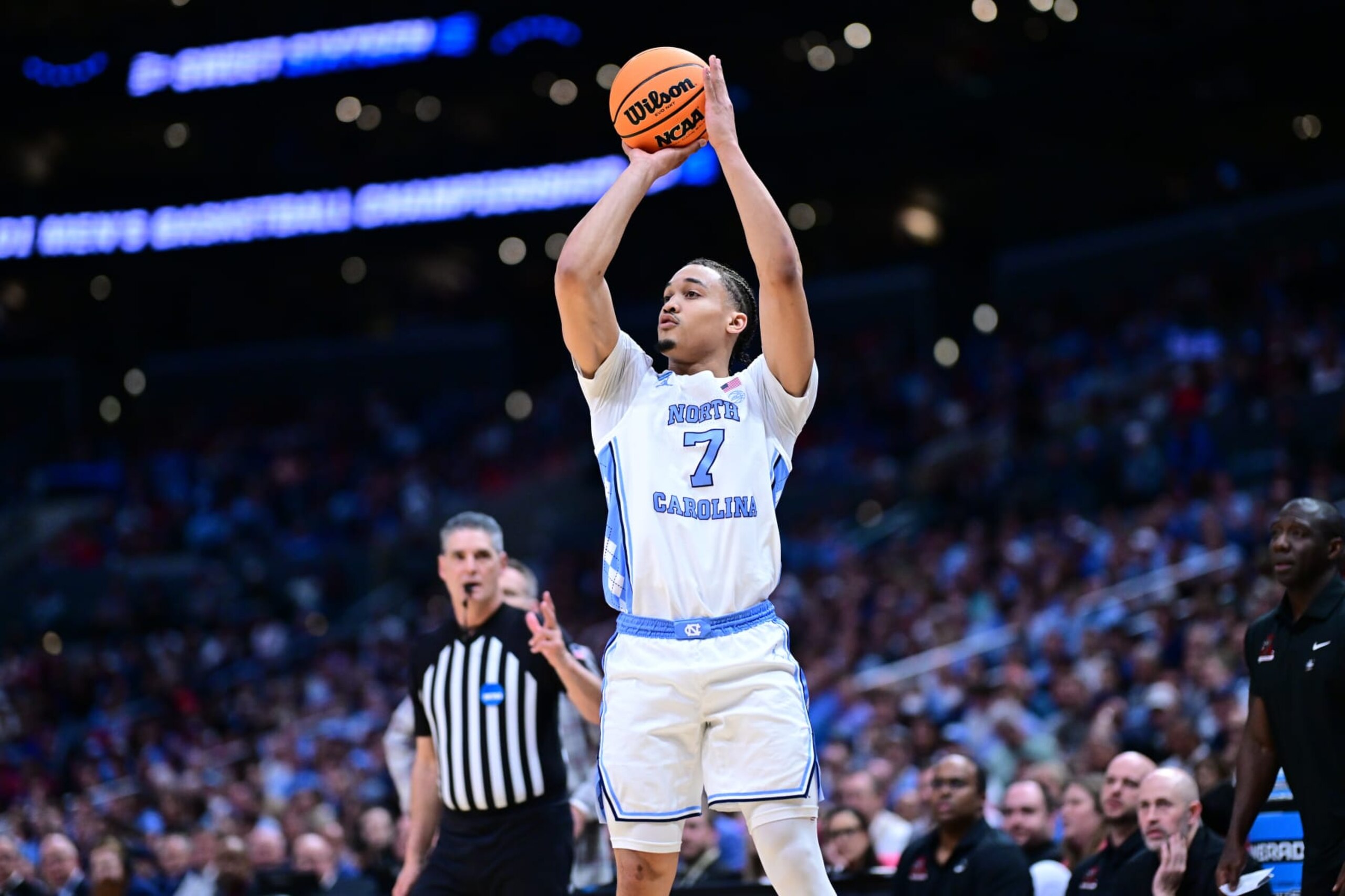 LOS ANGELES, CALIFORNIA - MARCH 28: Seth Trimble #7 of the North Carolina Tar Heels shoots against the Alabama Crimson Tide during the Sweet Sixteen round of the 2024 NCAA Men's Basketball Tournament held at Crypto.com Arena on March 28, 2024 in Los Angeles, California. (Photo by Ben Solomon/NCAA Photos via Getty Images) LOS ANGELES, CALIFORNIA - MARCH 28: Seth Trimble #7 of the North Carolina Tar Heels shoots against the Alabama Crimson Tide during the Sweet Sixteen round of the 2024 NCAA Men's Basketball Tournament held at Crypto.com Arena on March 28, 2024 in Los Angeles, California. (Photo by Ben Solomon/NCAA Photos via Getty Images)