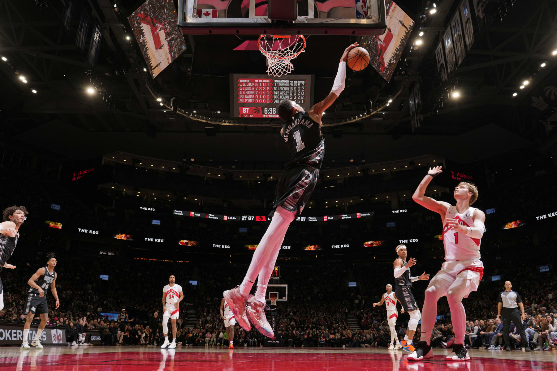 TORONTO, CANADA - FEBRUARY 12: Victor Wembanyama #1 of the San Antonio Spurs blocks a shot against the Toronto Raptors on February 12, 2024 at the Scotiabank Arena in Toronto, Ontario, Canada.  NOTE TO USER: User expressly acknowledges and agrees that, by downloading and or using this Photograph, user is consenting to the terms and conditions of the Getty Images License Agreement.  Mandatory Copyright Notice: Copyright 2024 NBAE (Photo by Mark Blinch/NBAE via Getty Images)