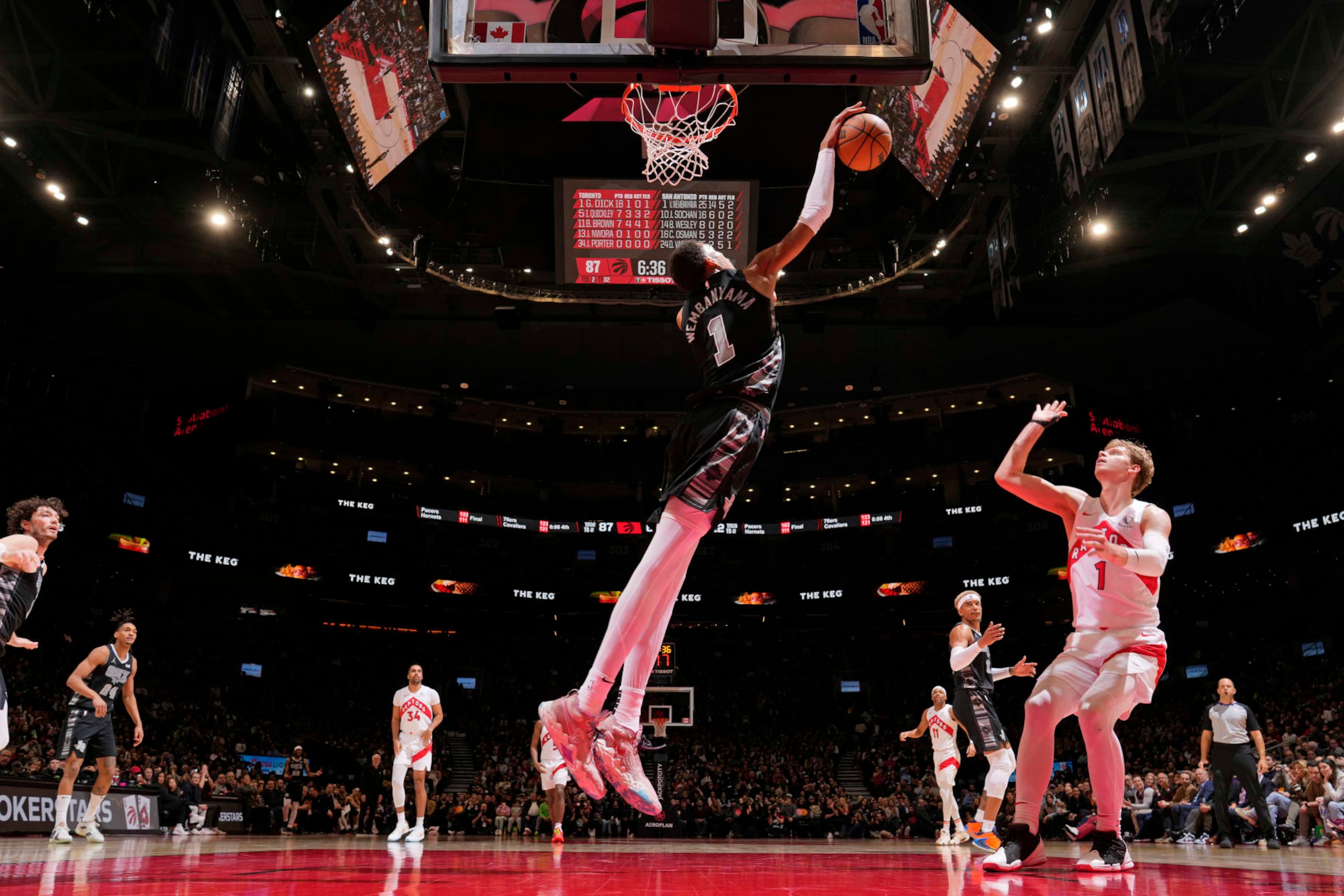TORONTO, CANADA - FEBRUARY 12: Victor Wembanyama #1 of the San Antonio Spurs blocks a shot against the Toronto Raptors on February 12, 2024 at the Scotiabank Arena in Toronto, Ontario, Canada. NOTE TO USER: User expressly acknowledges and agrees that, by downloading and or using this Photograph, user is consenting to the terms and conditions of the Getty Images License Agreement. Mandatory Copyright Notice: Copyright 2024 NBAE (Photo by Mark Blinch/NBAE via Getty Images) TORONTO, CANADA - FEBRUARY 12: Victor Wembanyama #1 of the San Antonio Spurs blocks a shot against the Toronto Raptors on February 12, 2024 at the Scotiabank Arena in Toronto, Ontario, Canada. NOTE TO USER: User expressly acknowledges and agrees that, by downloading and or using this Photograph, user is consenting to the terms and conditions of the Getty Images License Agreement. Mandatory Copyright Notice: Copyright 2024 NBAE (Photo by Mark Blinch/NBAE via Getty Images)