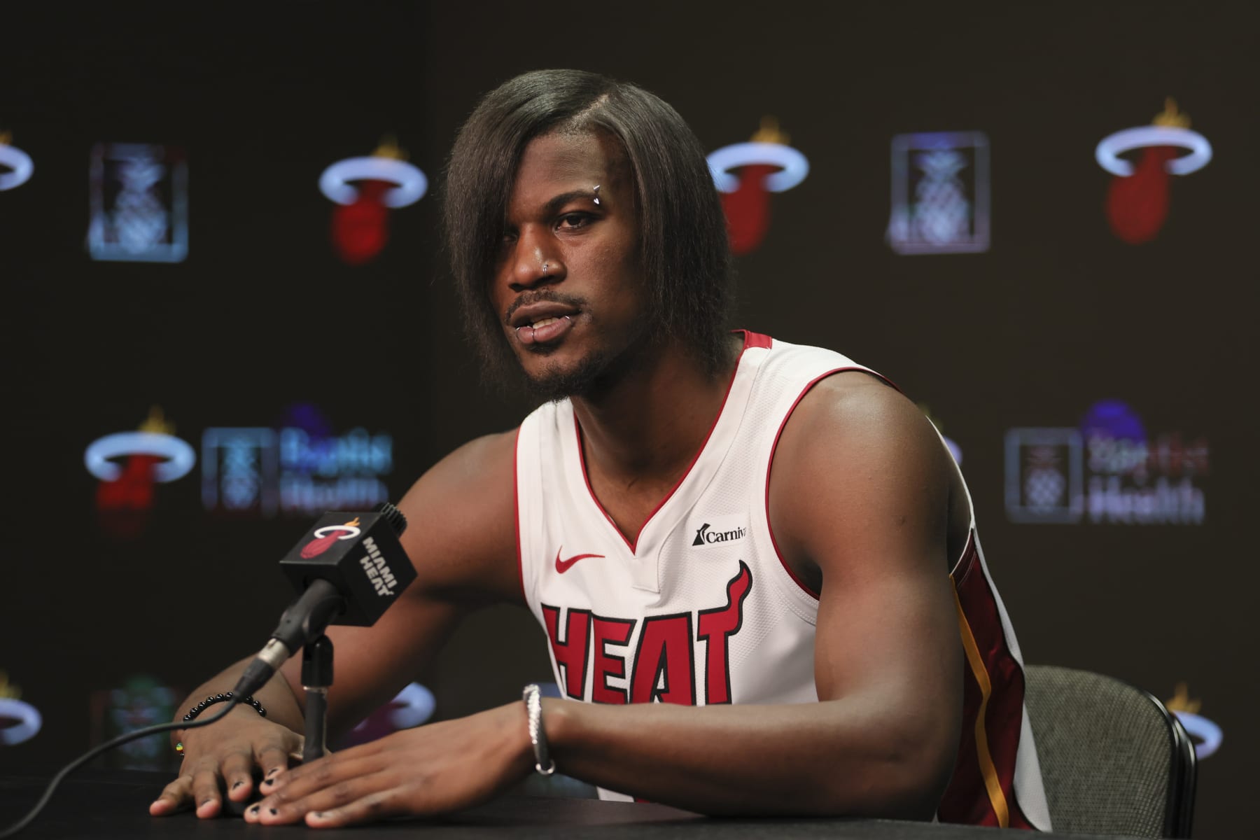 MIAMI, FLORIDA - OCTOBER 2:  Jimmy Butler #22 of the Miami Heat speaks to reporters during media day at Kaseya Center on October 2, 2023 in Miami, Florida. NOTE TO USER: User expressly acknowledges and agrees that, by downloading and or using this photograph, User is consenting to the terms and conditions of the Getty Images License Agreement. (Photo by Sam Navarro/Getty Images)