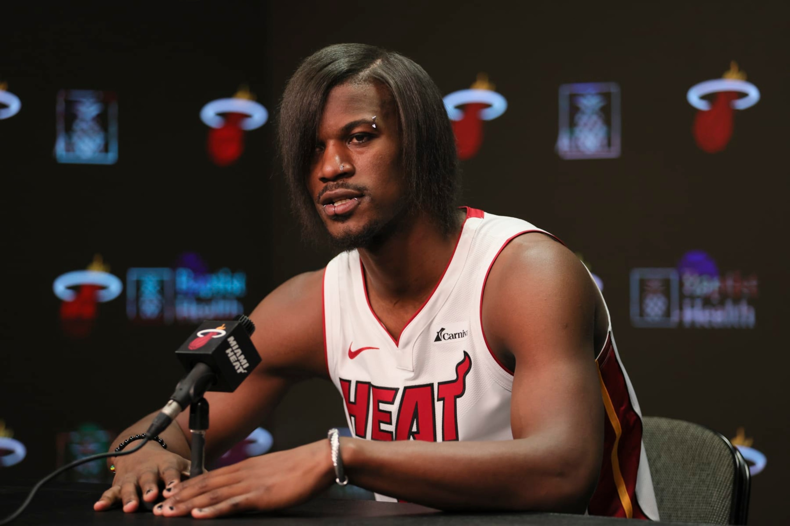 MIAMI, FLORIDA - OCTOBER 2: Jimmy Butler #22 of the Miami Heat speaks to reporters during media day at Kaseya Center on October 2, 2023 in Miami, Florida. NOTE TO USER: User expressly acknowledges and agrees that, by downloading and or using this photograph, User is consenting to the terms and conditions of the Getty Images License Agreement. (Photo by Sam Navarro/Getty Images) MIAMI, FLORIDA - OCTOBER 2: Jimmy Butler #22 of the Miami Heat speaks to reporters during media day at Kaseya Center on October 2, 2023 in Miami, Florida. NOTE TO USER: User expressly acknowledges and agrees that, by downloading and or using this photograph, User is consenting to the terms and conditions of the Getty Images License Agreement. (Photo by Sam Navarro/Getty Images)