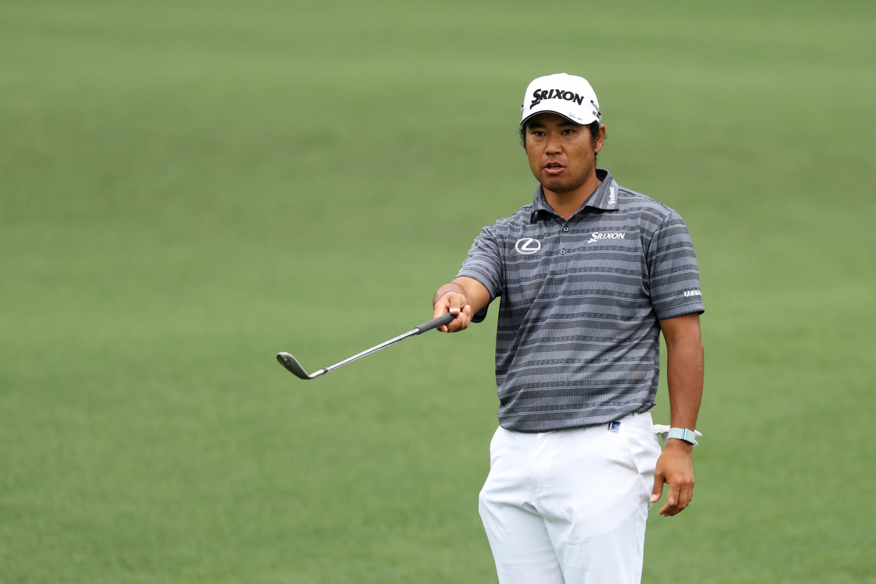 AUGUSTA, GEORGIA - APRIL 09: Hideki Matsuyama of Japan reacts during a practice round prior to the 2024 Masters Tournament at Augusta National Golf Club on April 09, 2024 in Augusta, Georgia. (Photo by Warren Little/Getty Images)