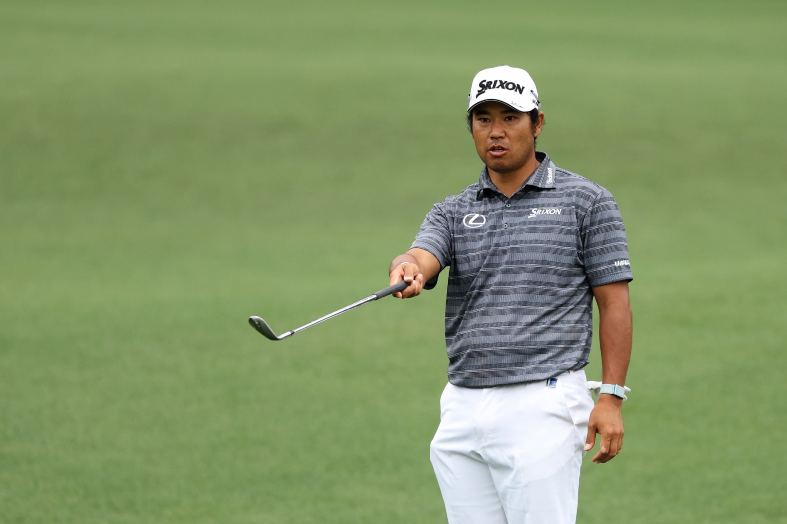 AUGUSTA, GEORGIA - APRIL 09: Hideki Matsuyama of Japan reacts during a practice round prior to the 2024 Masters Tournament at Augusta National Golf Club on April 09, 2024 in Augusta, Georgia. (Photo by Warren Little/Getty Images)