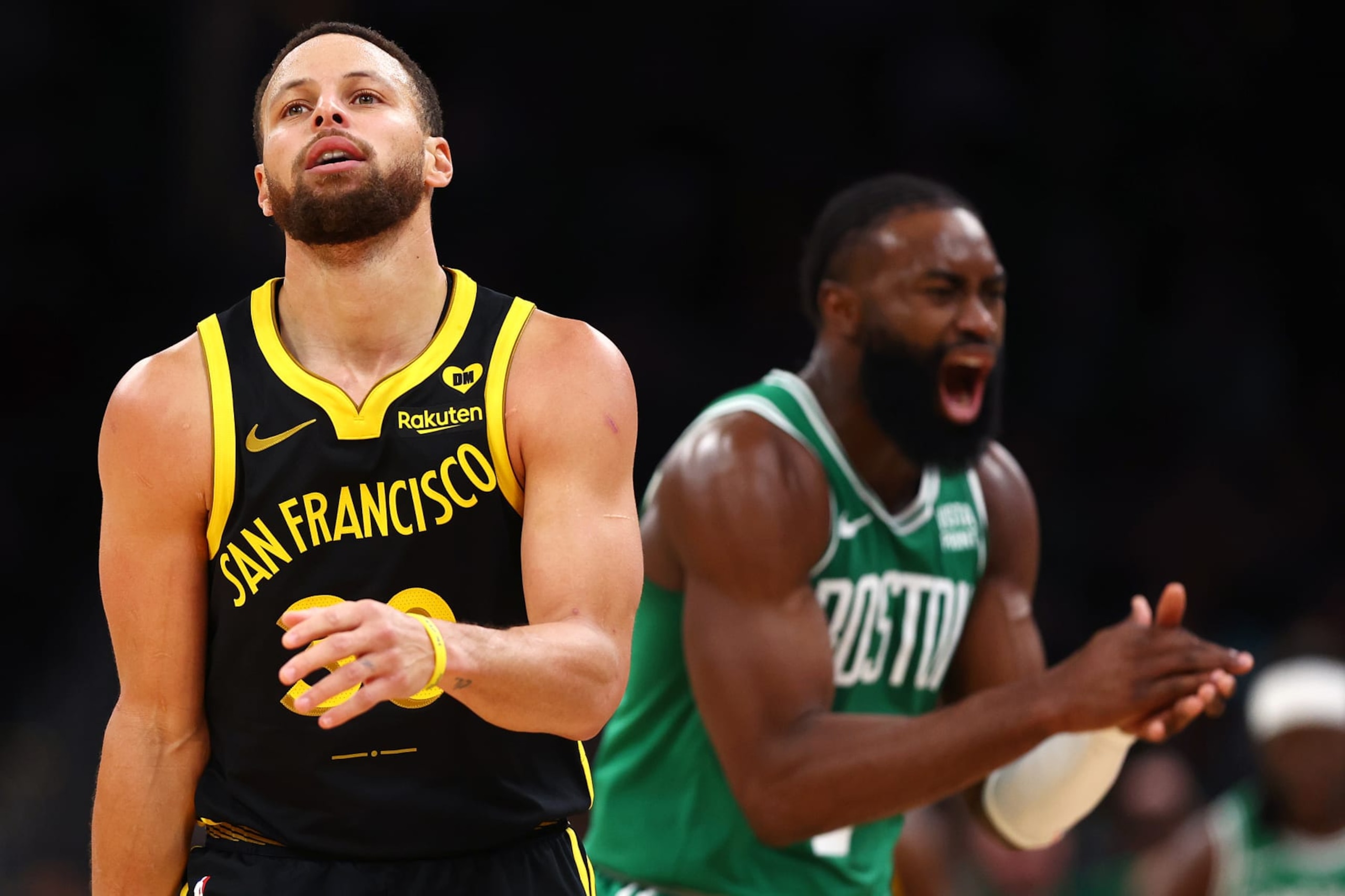 BOSTON, MASSACHUSETTS - MARCH 03: Jaylen Brown #7 of the Boston Celtics celebrates next to Stephen Curry #30 of the Golden State Warriors during the second quarter at TD Garden on March 03, 2024 in Boston, Massachusetts. NOTE TO USER: User expressly acknowledges and agrees that, by downloading and or using this photograph, user is consenting to the terms and conditions of the Getty Images License Agreement. (Photo by Maddie Meyer/Getty Images) BOSTON, MASSACHUSETTS - MARCH 03: Jaylen Brown #7 of the Boston Celtics celebrates next to Stephen Curry #30 of the Golden State Warriors during the second quarter at TD Garden on March 03, 2024 in Boston, Massachusetts. NOTE TO USER: User expressly acknowledges and agrees that, by downloading and or using this photograph, user is consenting to the terms and conditions of the Getty Images License Agreement. (Photo by Maddie Meyer/Getty Images)
