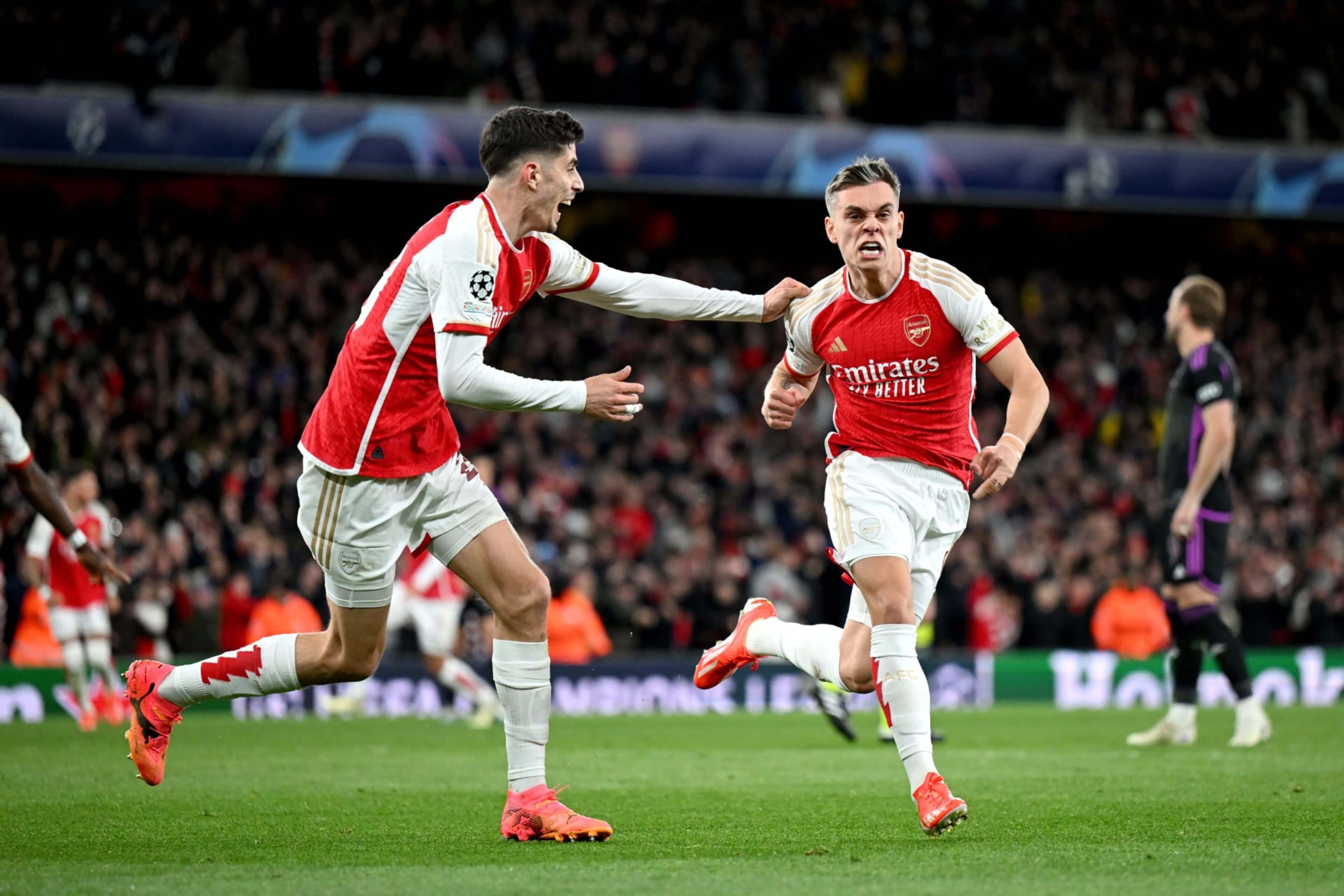 LONDON, ENGLAND - APRIL 09: Leandro Trossard of Arsenal celebrates with teammate Kai Havertz after scoring his team's second goal during the UEFA Champions League quarter-final first leg match between Arsenal FC and FC Bayern München at Emirates Stadium on April 09, 2024 in London, England. (Photo by Shaun Botterill/Getty Images) LONDON, ENGLAND - APRIL 09: Leandro Trossard of Arsenal celebrates with teammate Kai Havertz after scoring his team's second goal during the UEFA Champions League quarter-final first leg match between Arsenal FC and FC Bayern München at Emirates Stadium on April 09, 2024 in London, England. (Photo by Shaun Botterill/Getty Images)