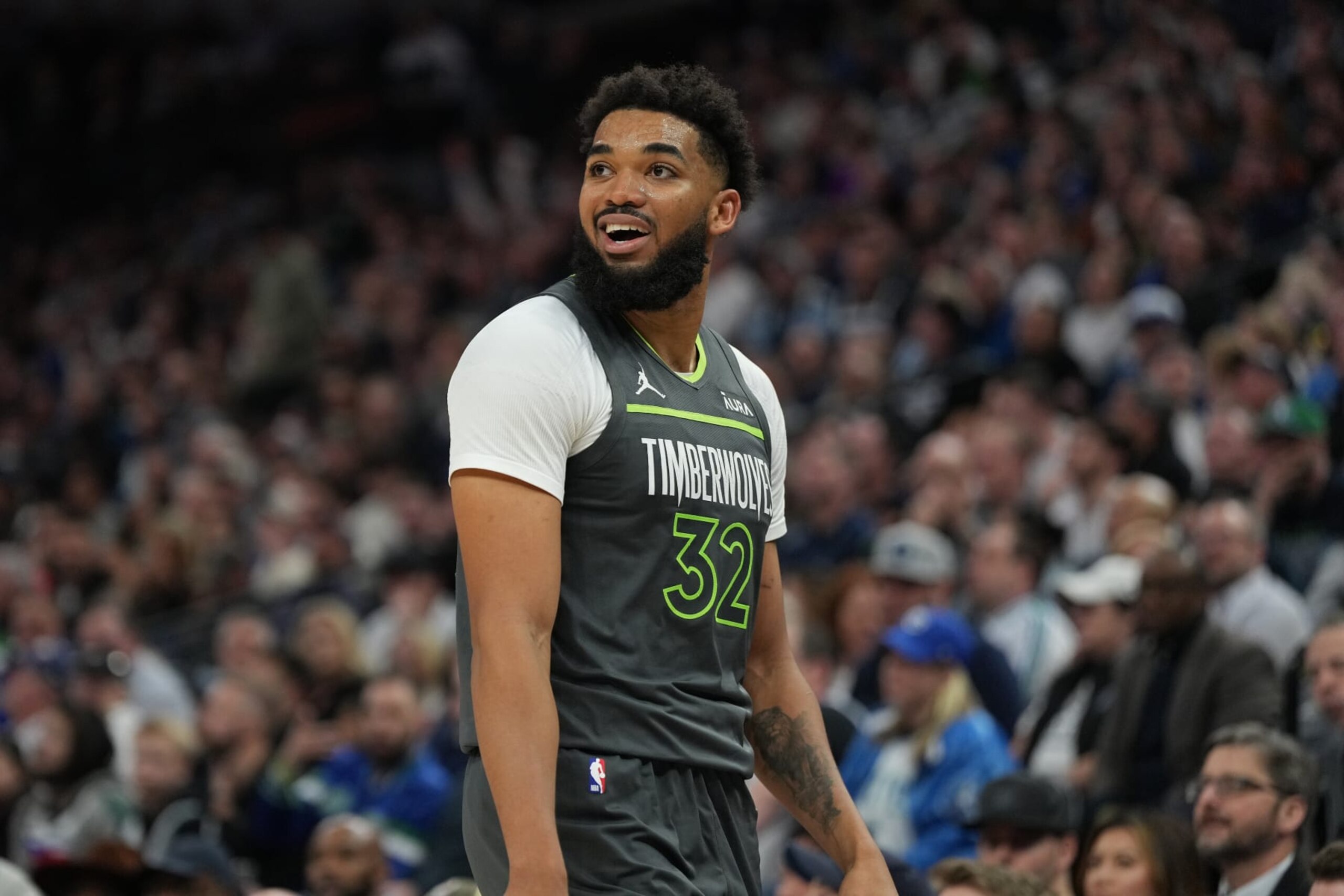 MINNEAPOLIS, MN -  MARCH 1: Karl-Anthony Towns #32 of the Minnesota Timberwolves looks on during the game against the Sacramento Kings on March 1, 2024 at Target Center in Minneapolis, Minnesota. NOTE TO USER: User expressly acknowledges and agrees that, by downloading and or using this Photograph, user is consenting to the terms and conditions of the Getty Images License Agreement. Mandatory Copyright Notice: Copyright 2024 NBAE (Photo by Jordan Johnson/NBAE via Getty Images)
